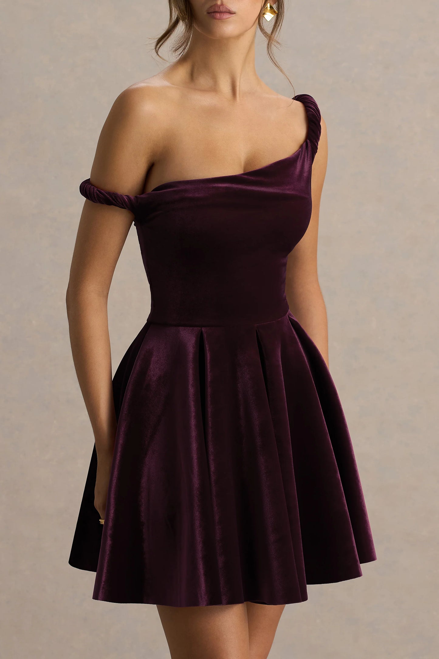Leticia Burgundy Velvet Asymmetric-Neck Velvet Mini Dress With Twist-Sleeve