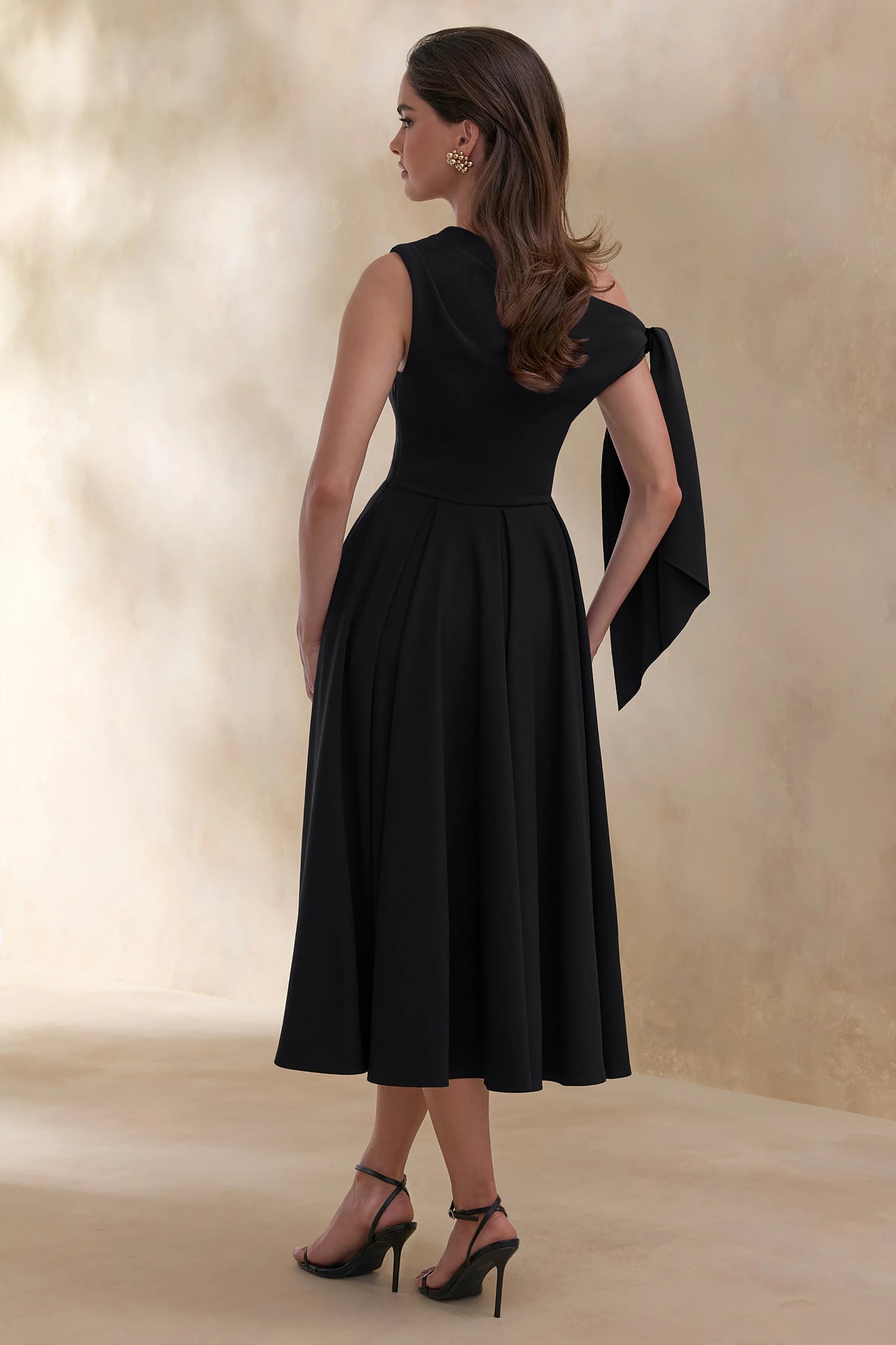 Daring Black Asymmetric-Neck Midi Dress With Knot-Detail