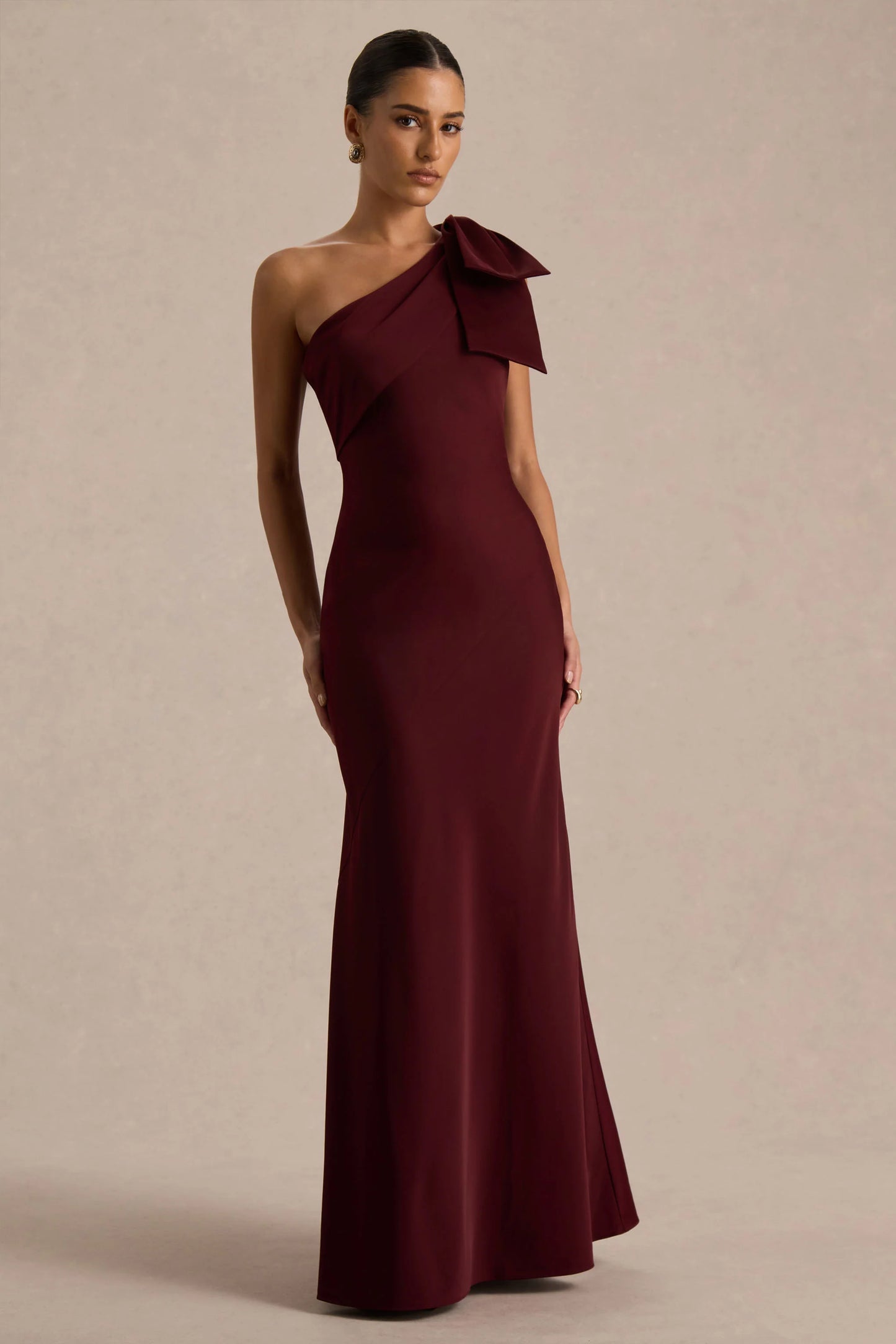 Josephine Burgundy Matte Satin Asymmetric-Neck Maxi Dress With Bow Detail