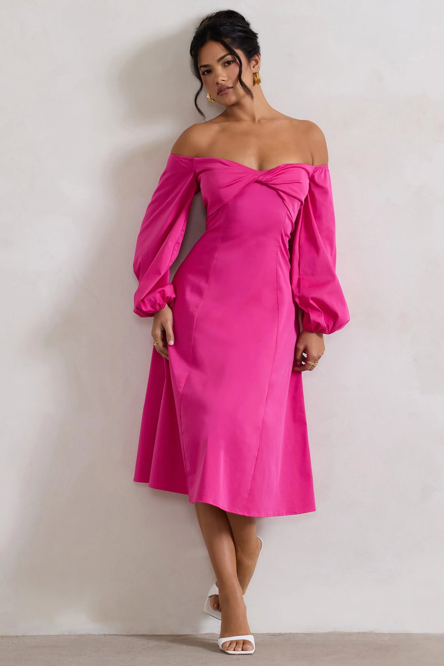 Santino Hot Pink Twisted Bardot Puff-Sleeve Midi Dress