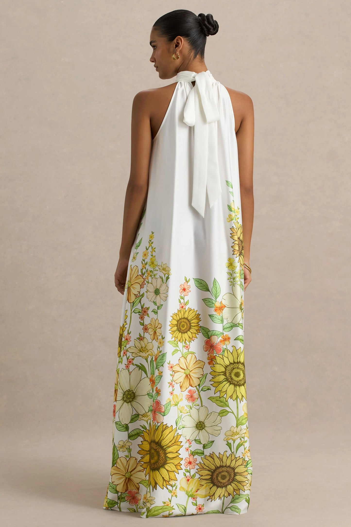 Glide Sunflower Print Satin High-Neck Slip Maxi Dress