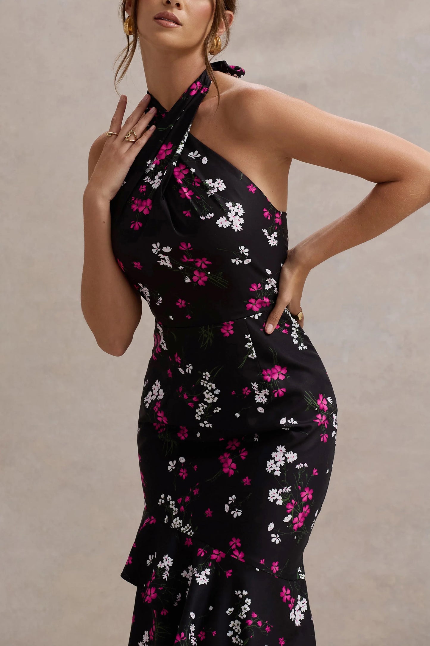 Melodia Black Ditsy Floral Print Satin Halter-Neck Ruffled Maxi Dress