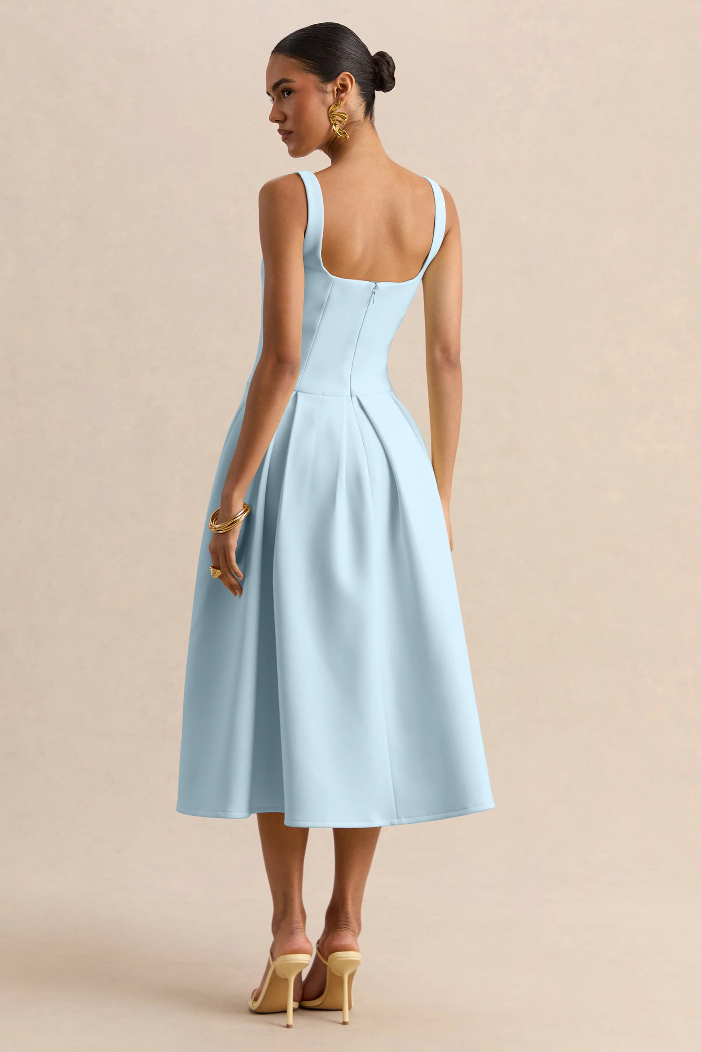 Greta Powder-Blue Sweetheart-Neck Midi Dress