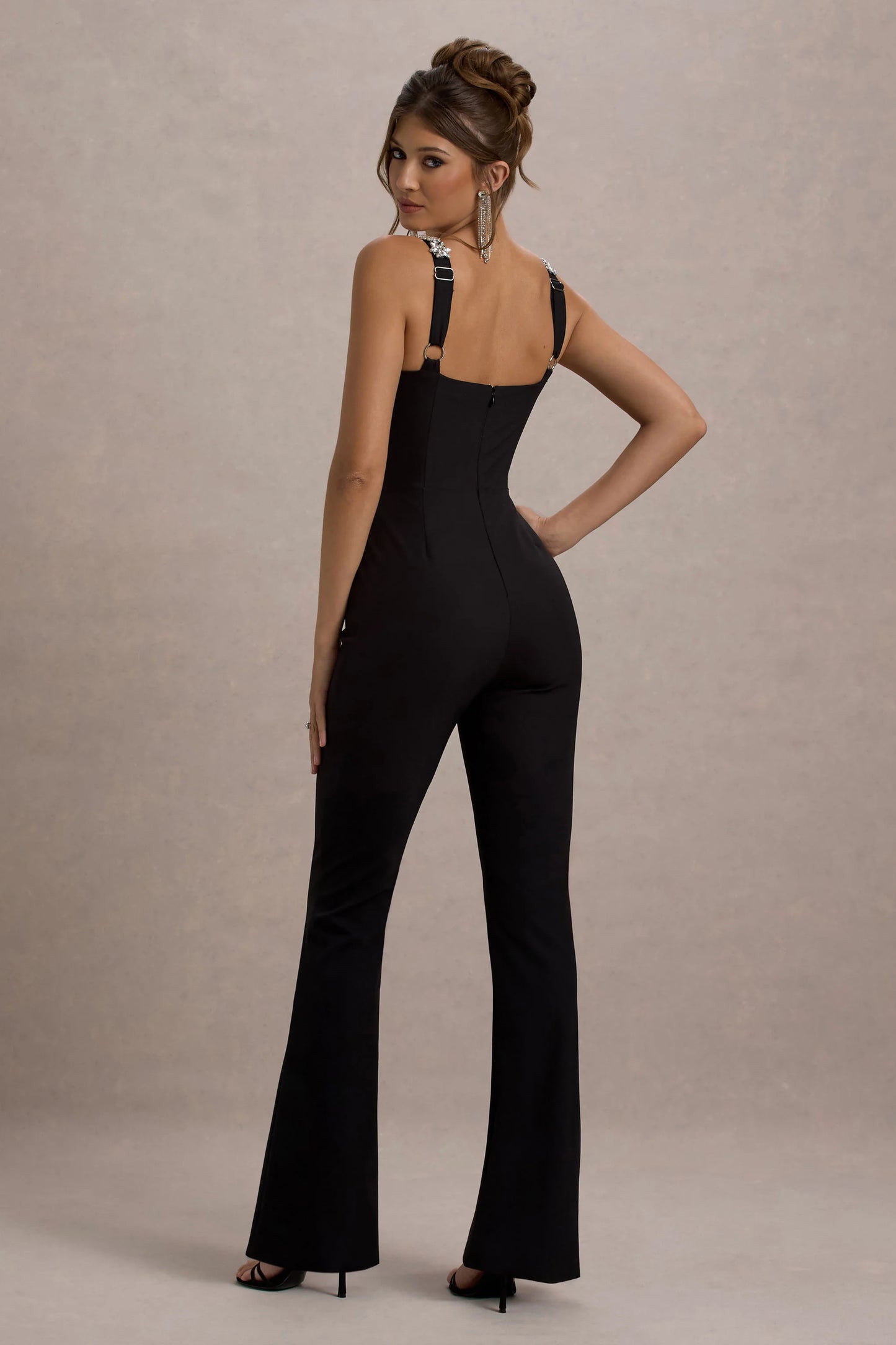 Amadi Black Embellished Strappy Flared-Leg Jumpsuit