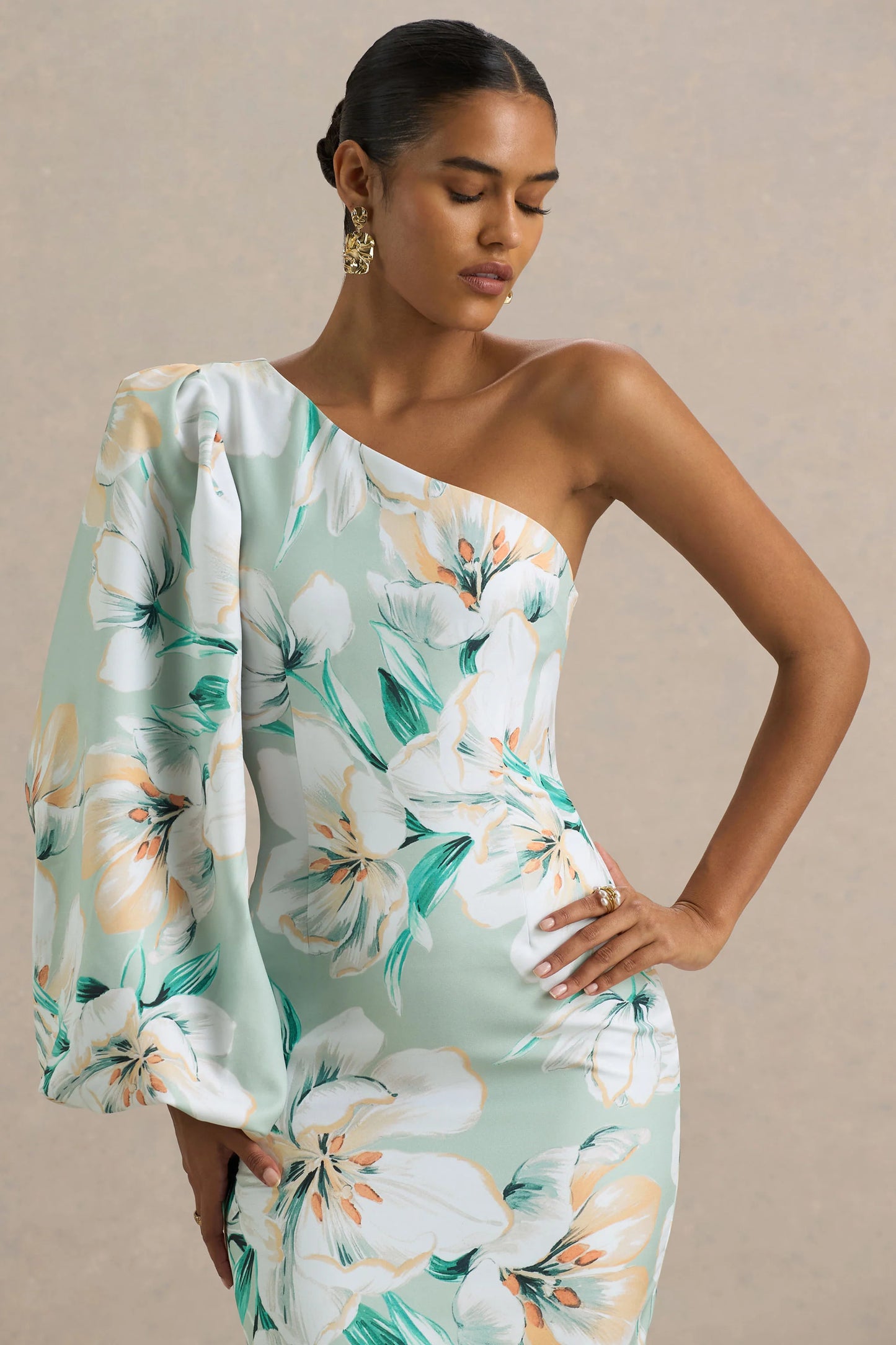 Kellis Green Floral Print Asymmetric Maxi Dress With Balloon Sleeve