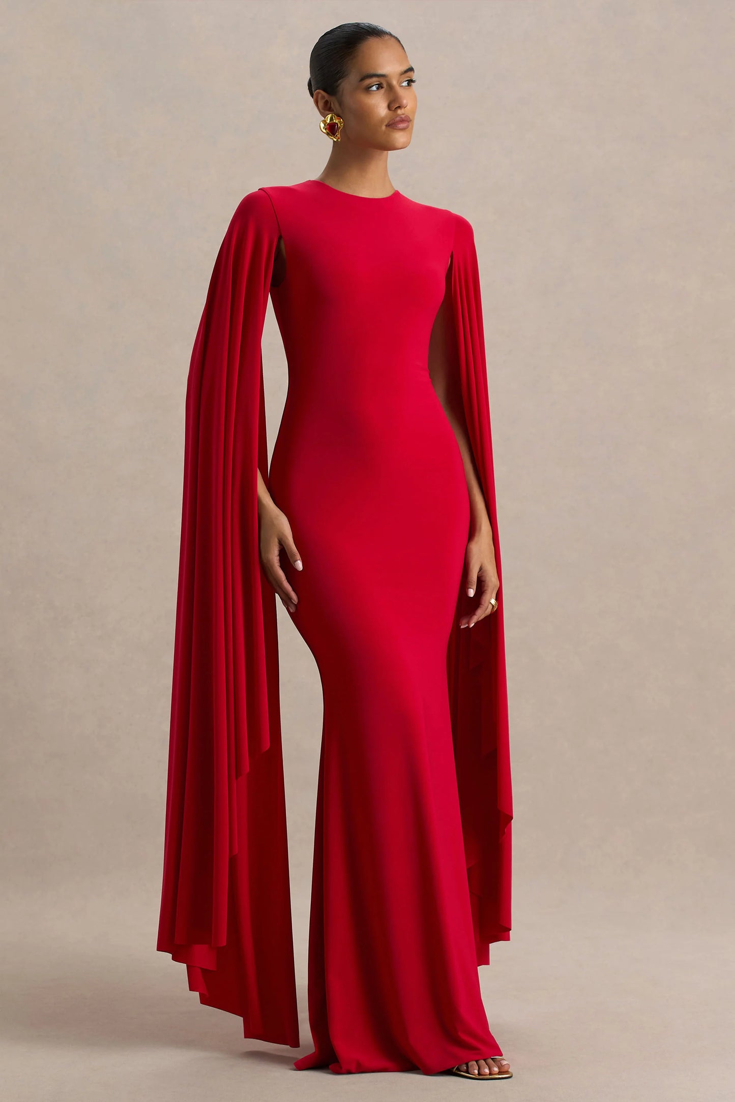 Briony Red Crew-Neck Maxi Dress With Cape Sleeves