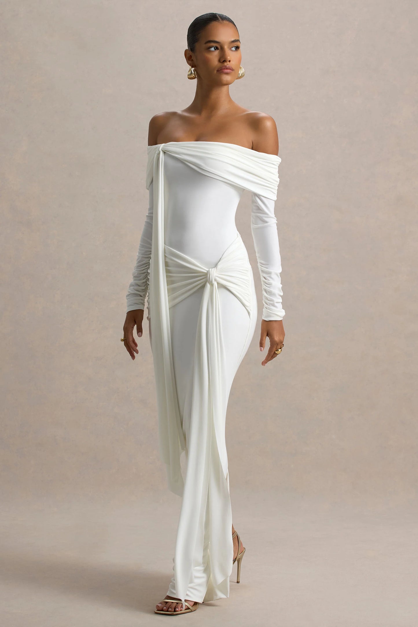 Jovie White Bardot Wrap Maxi Dress With Sash Detail