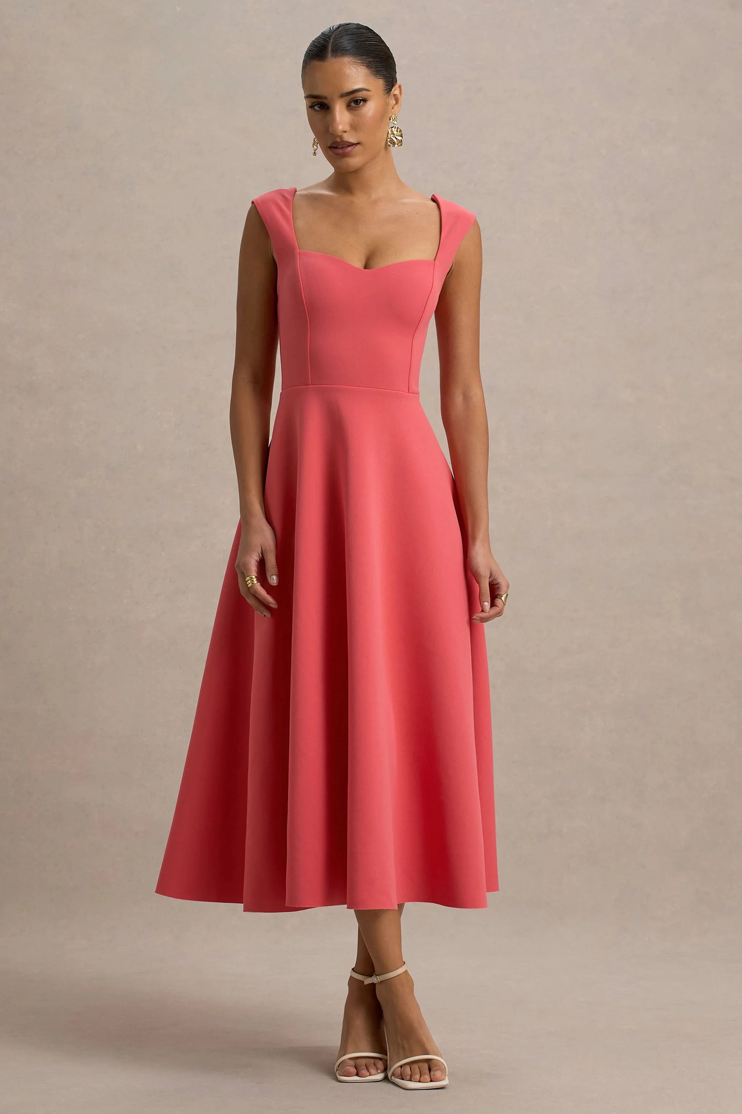 Andromeda Coral Sweetheart-Neck Midi Dress