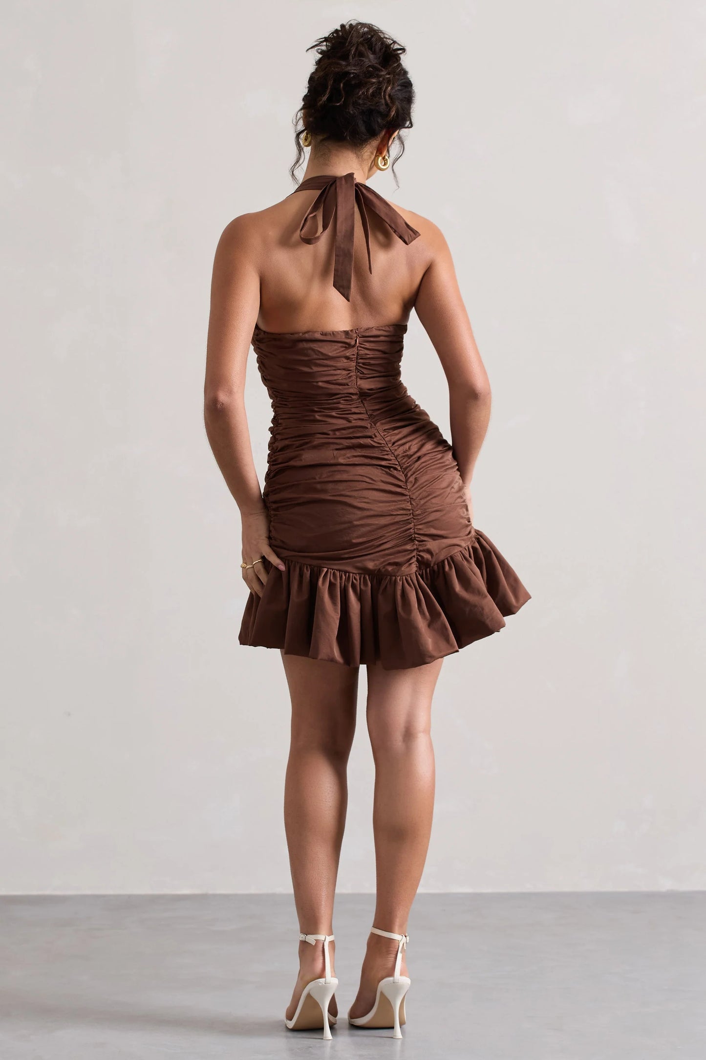Zahra Chocolate Brown Halter-Neck Ruched Mini Dress With Ruffle Hem