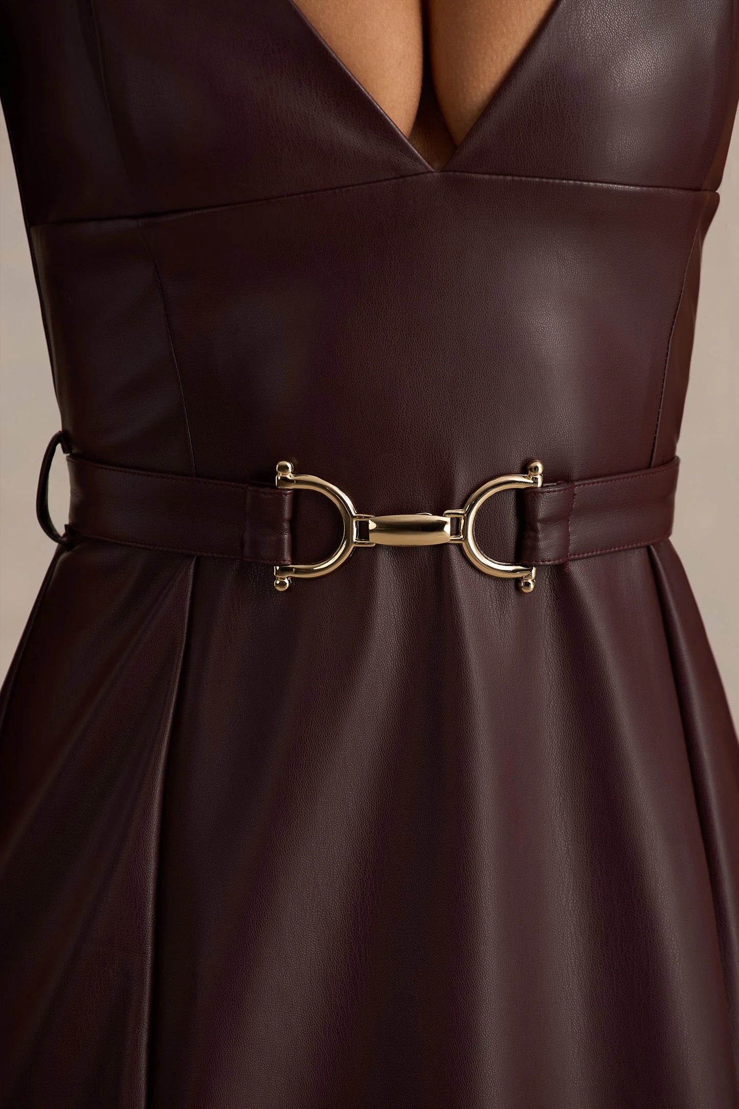 Lila Burgundy Faux Leather Plunge-Neck Maxi Dress With Split