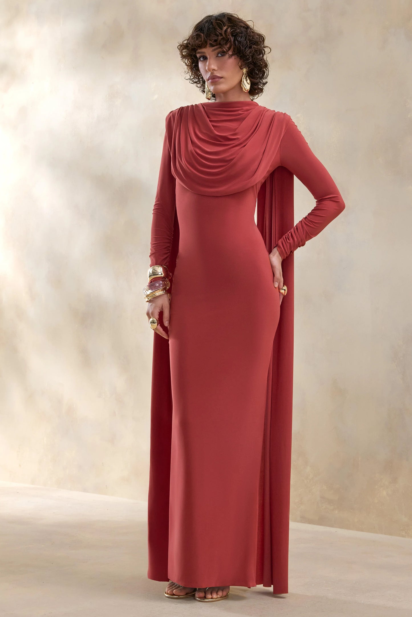 Lysoria Rust High-Neck Maxi Dress With Draped-Detailing And Cape-Sleeves