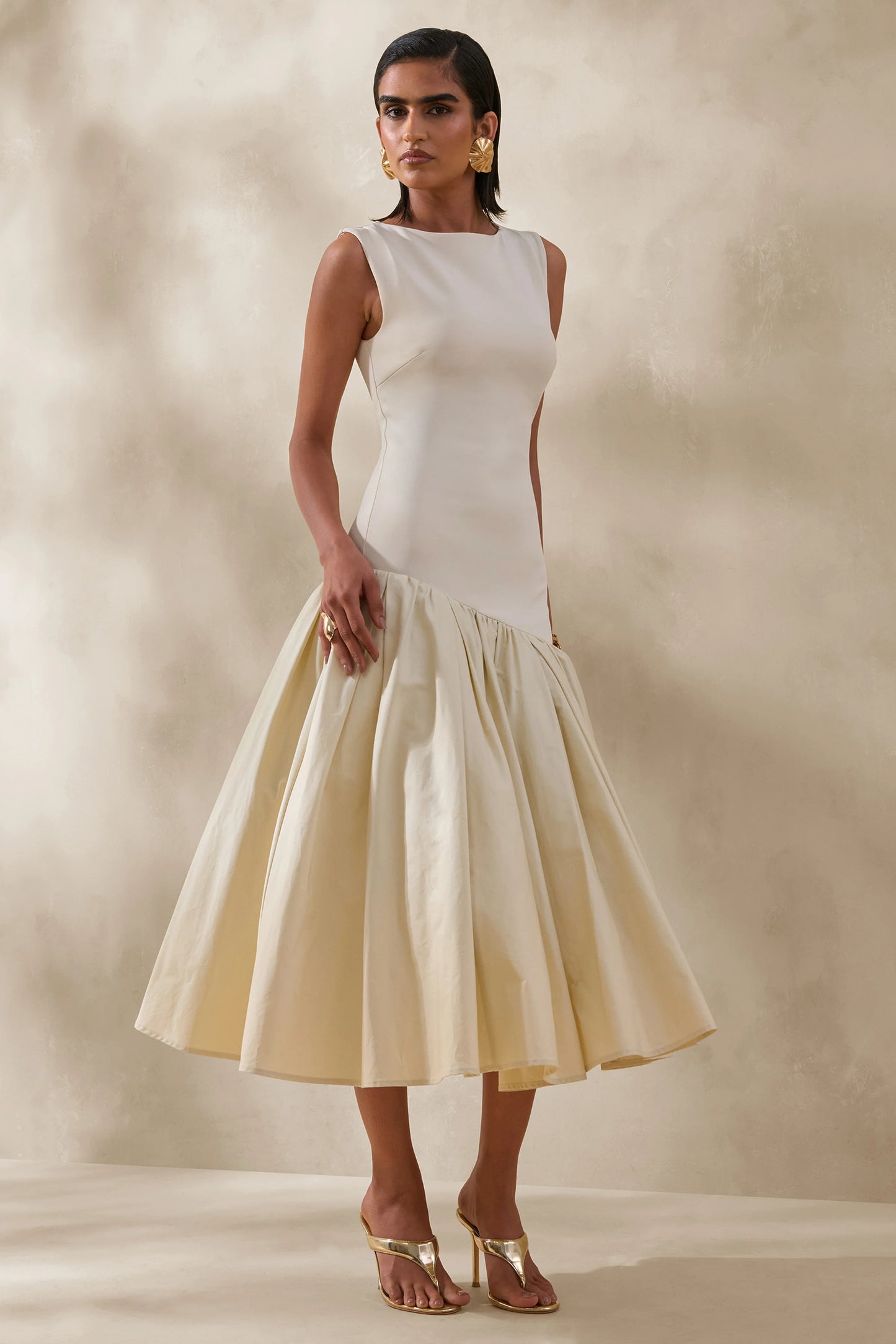 Fantasia Cream Boat-Neck Midi Dress With Asymmetric Drop-Waist