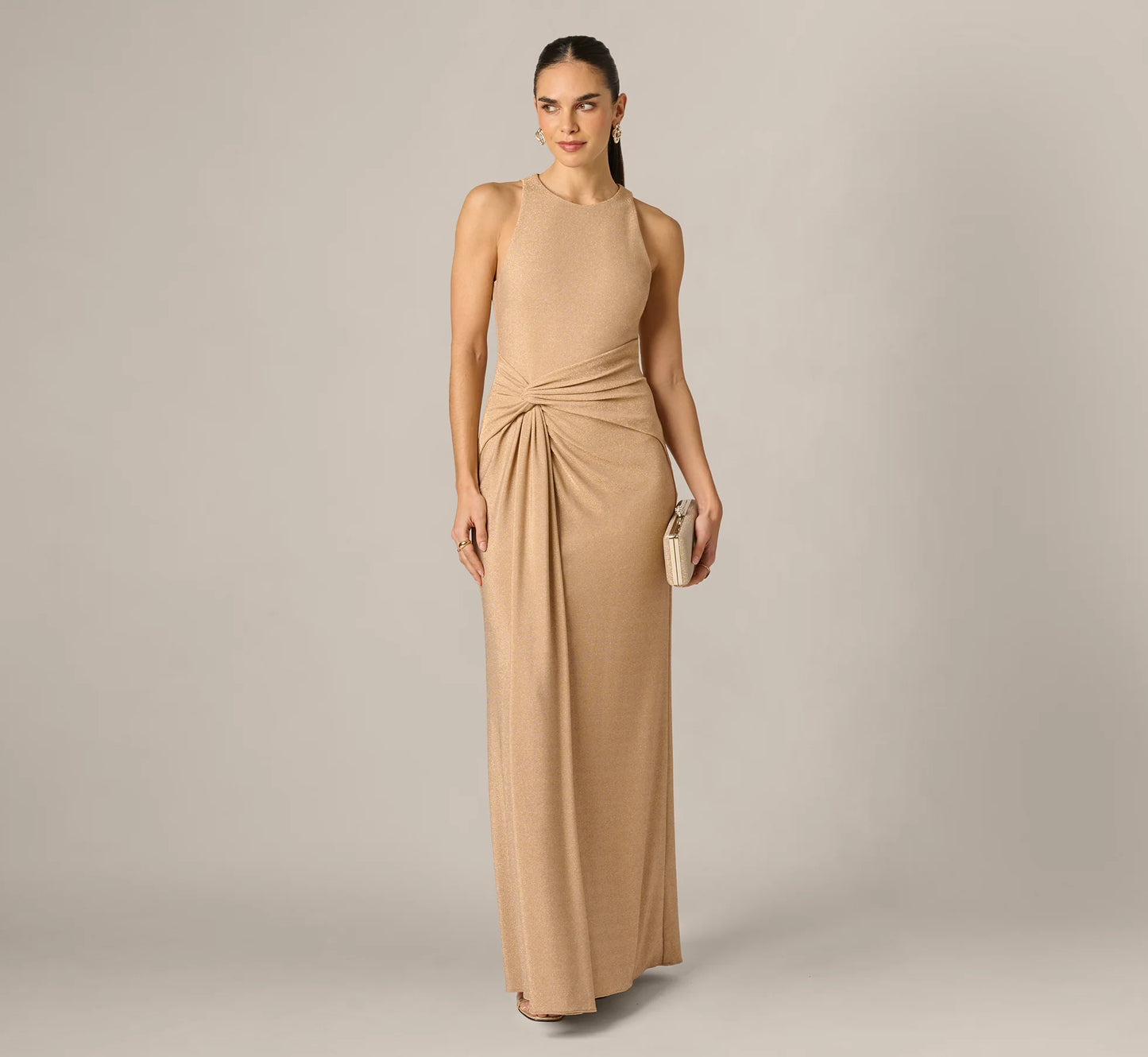 Metallic Stretch Knit Draped Gown In Light Gold