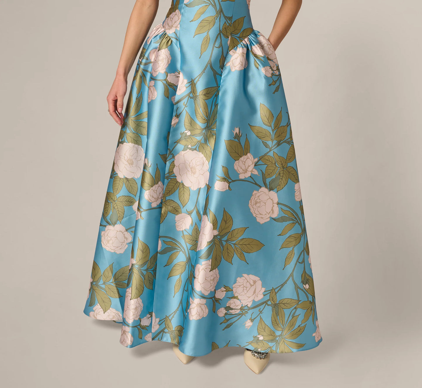 Drop Waist Square Neck Floral Ballgown In Blue Multi