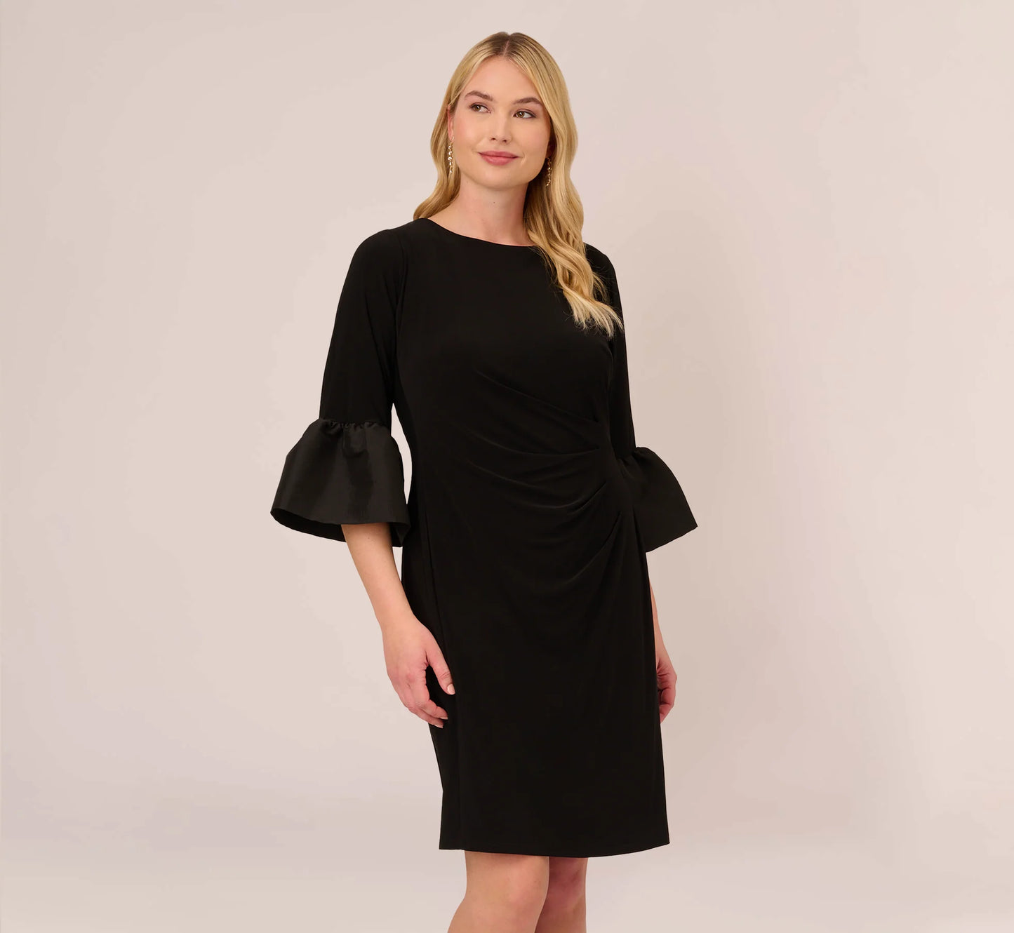 Plus Size Draped Jersey Short Sheath Dress With Bell Cuffs In Black