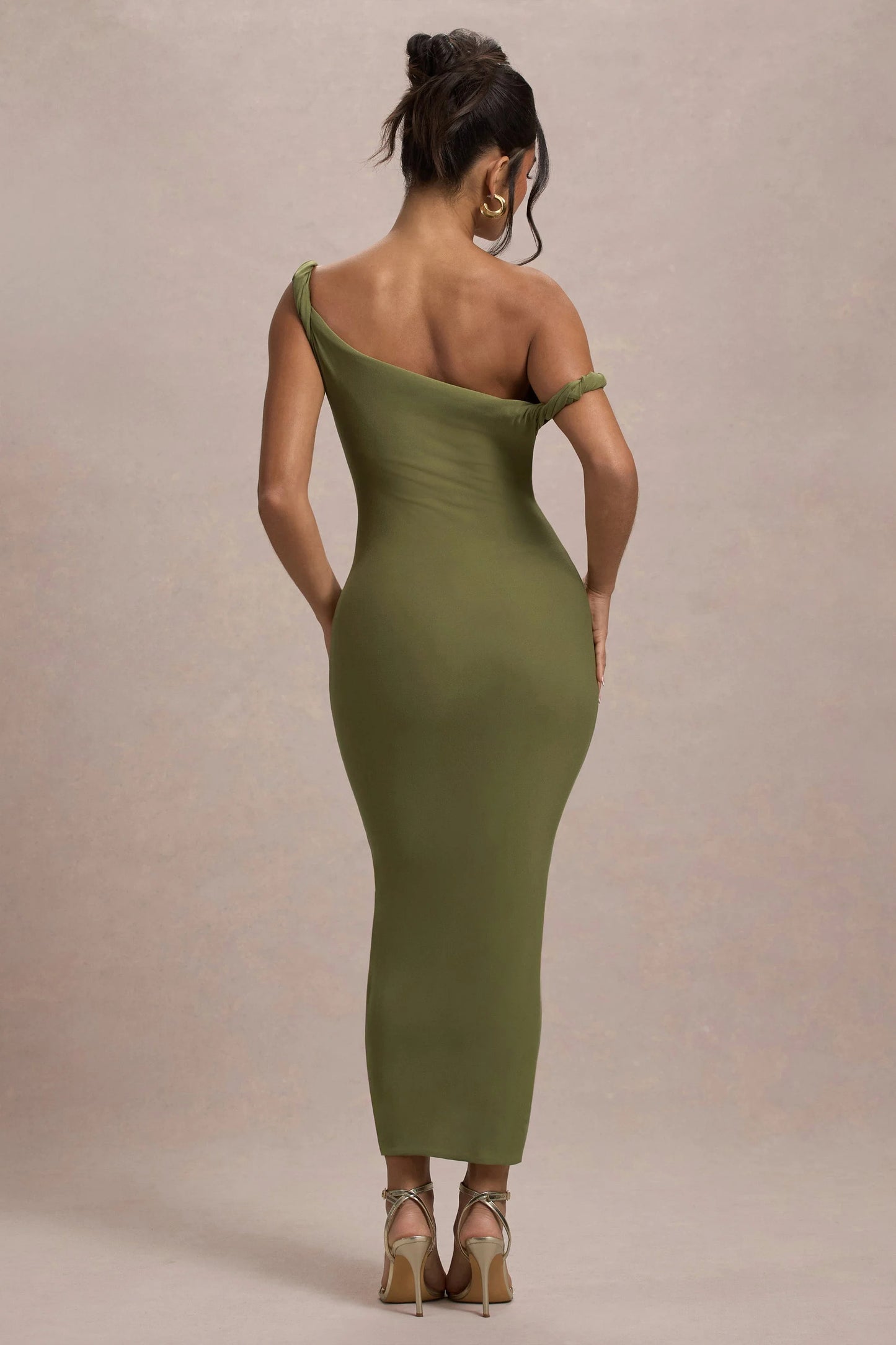 Salome Olive Twisted Asymmetric Midi Dress