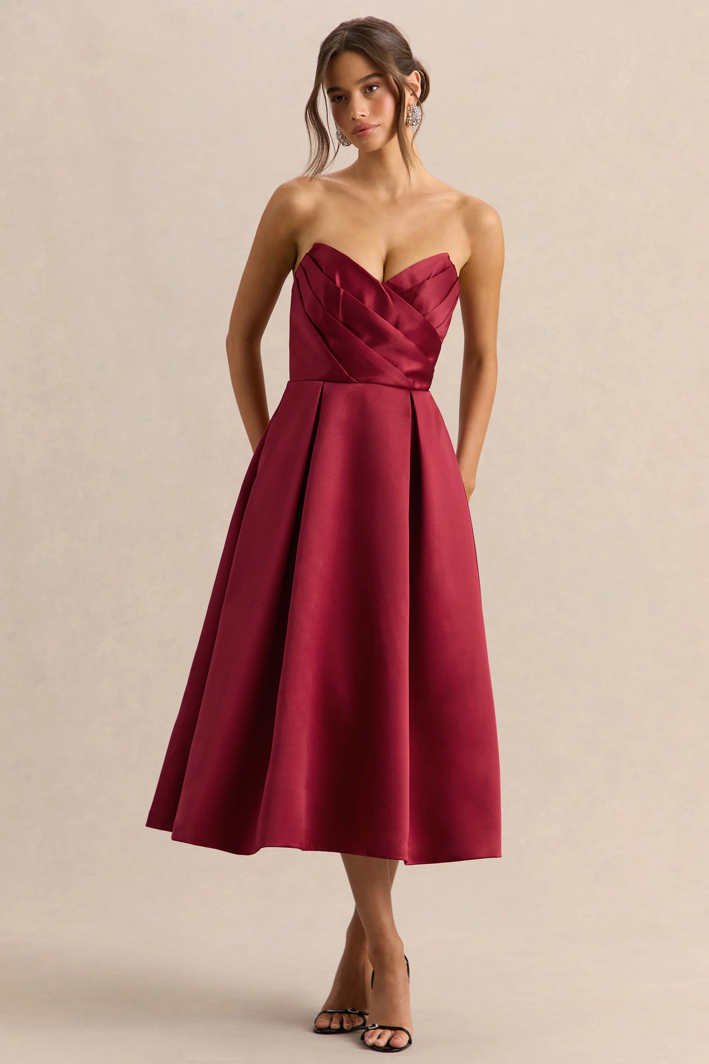 Promises Red Satin Bandeau-Neck Midi Dress