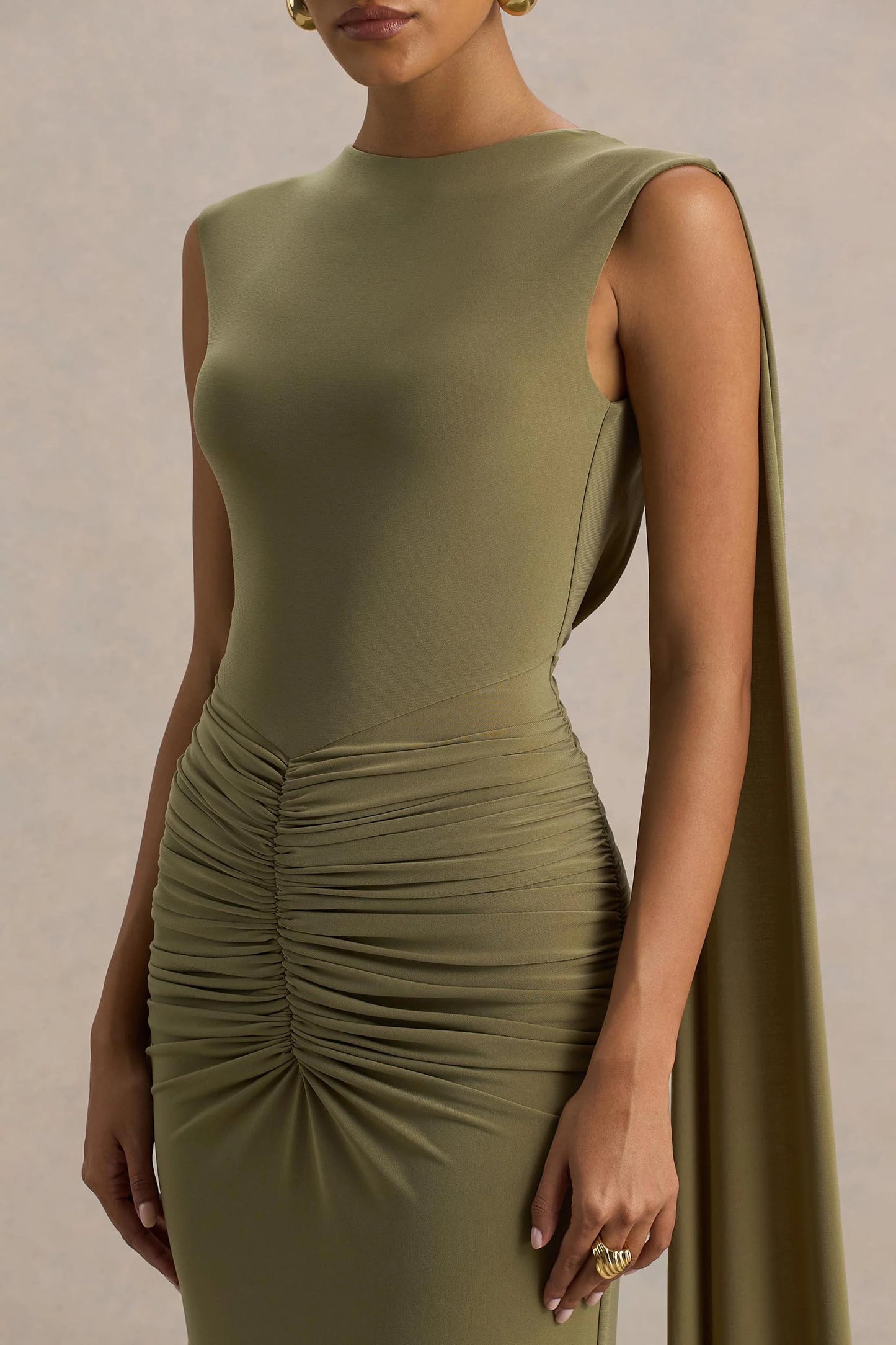 Premiere Olive Boat-Neck Maxi Dress With Cape-Sleeves And Open-Back
