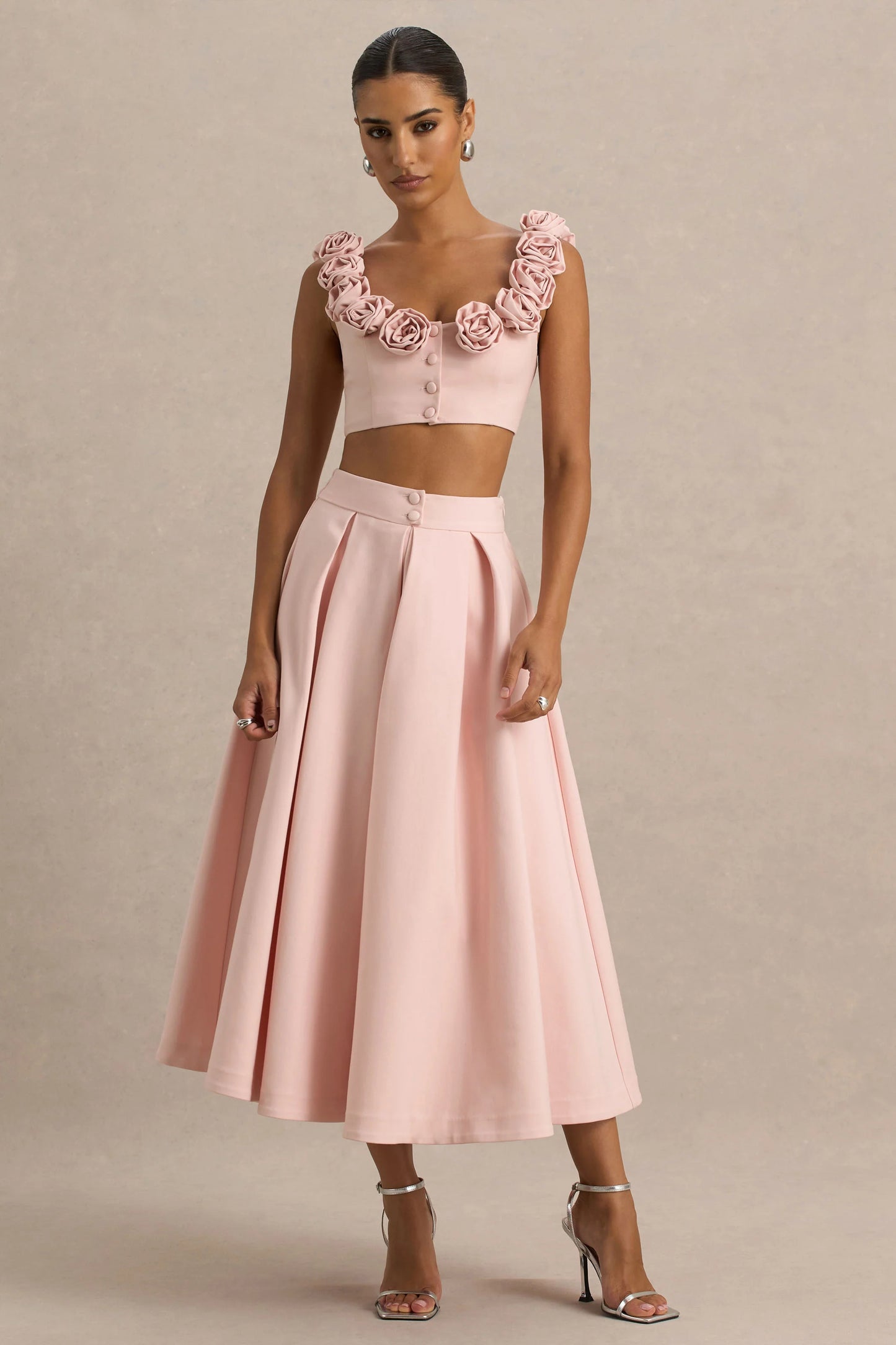 Sara Baby Pink Midi Skirt With Buttons