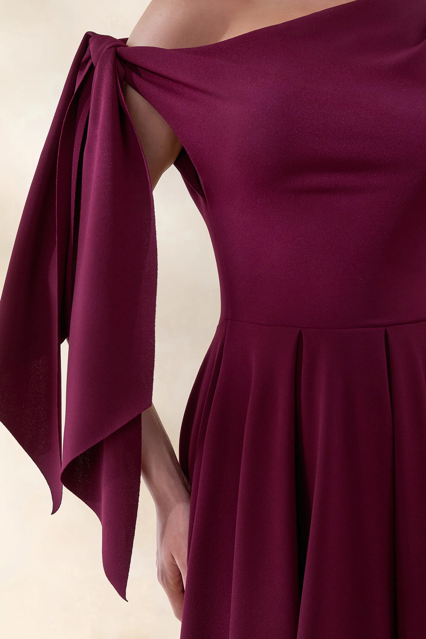 Daring Burgundy Asymmetric-Neck Midi Dress With Knot-Detail