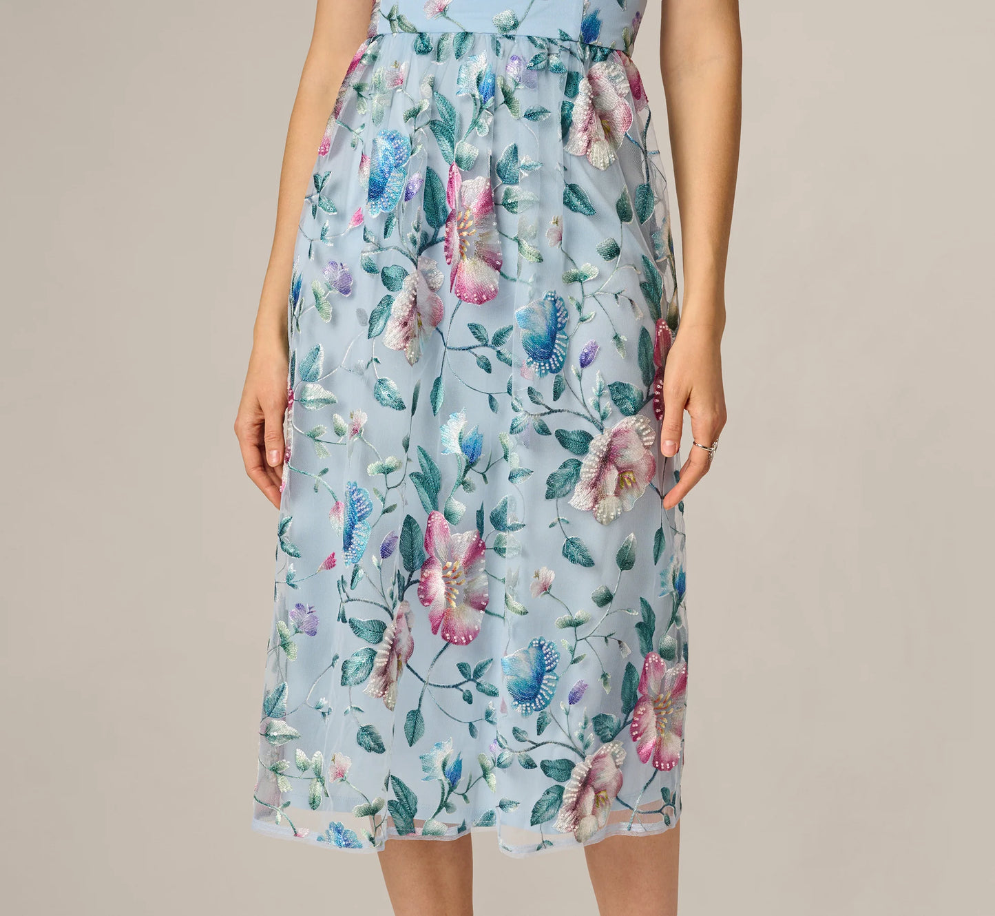 Sequin Beaded Floral Embroidery Illusion Midi Dress In Blue Multi