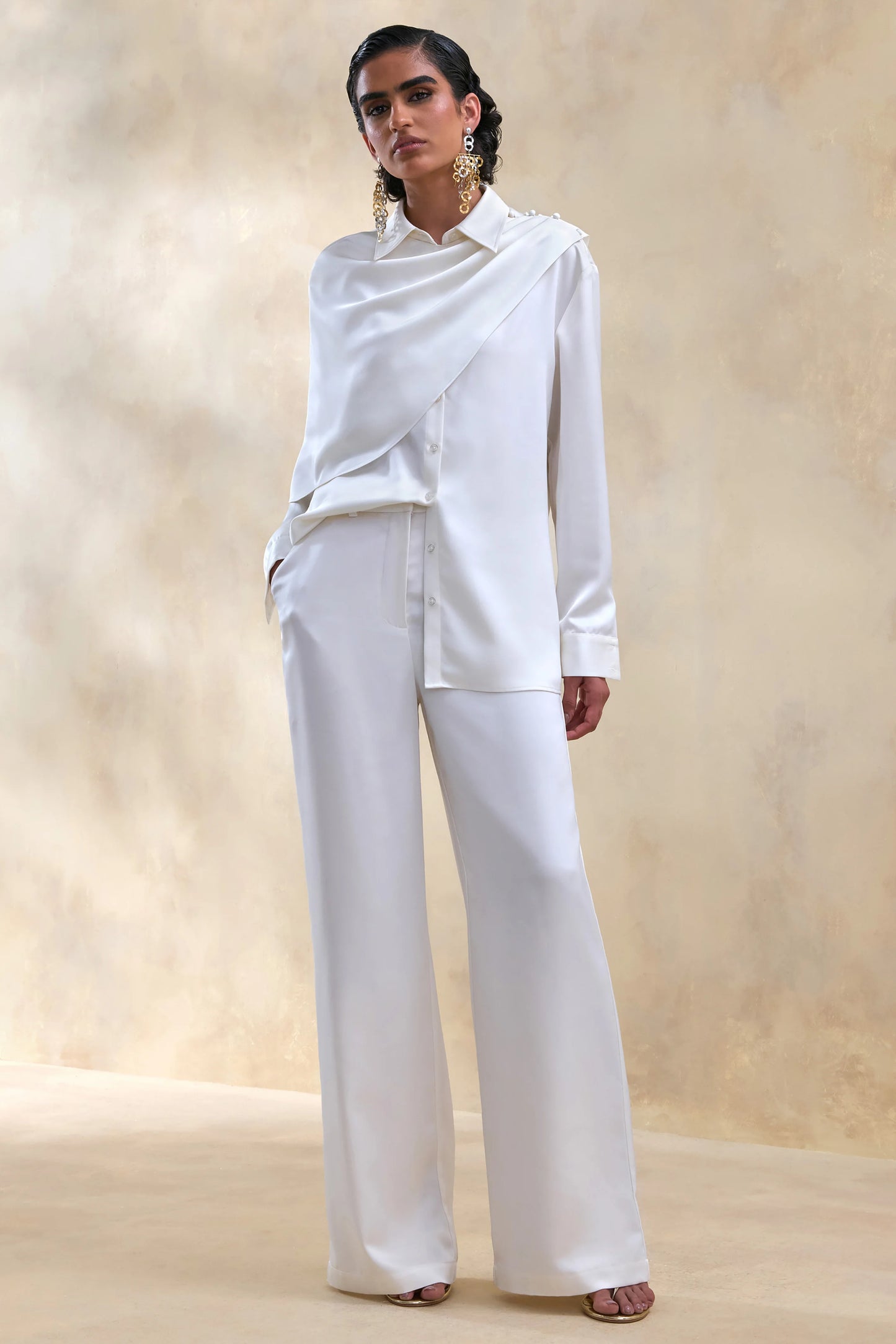 Ilena Cream Satin Wide-Leg Trouser