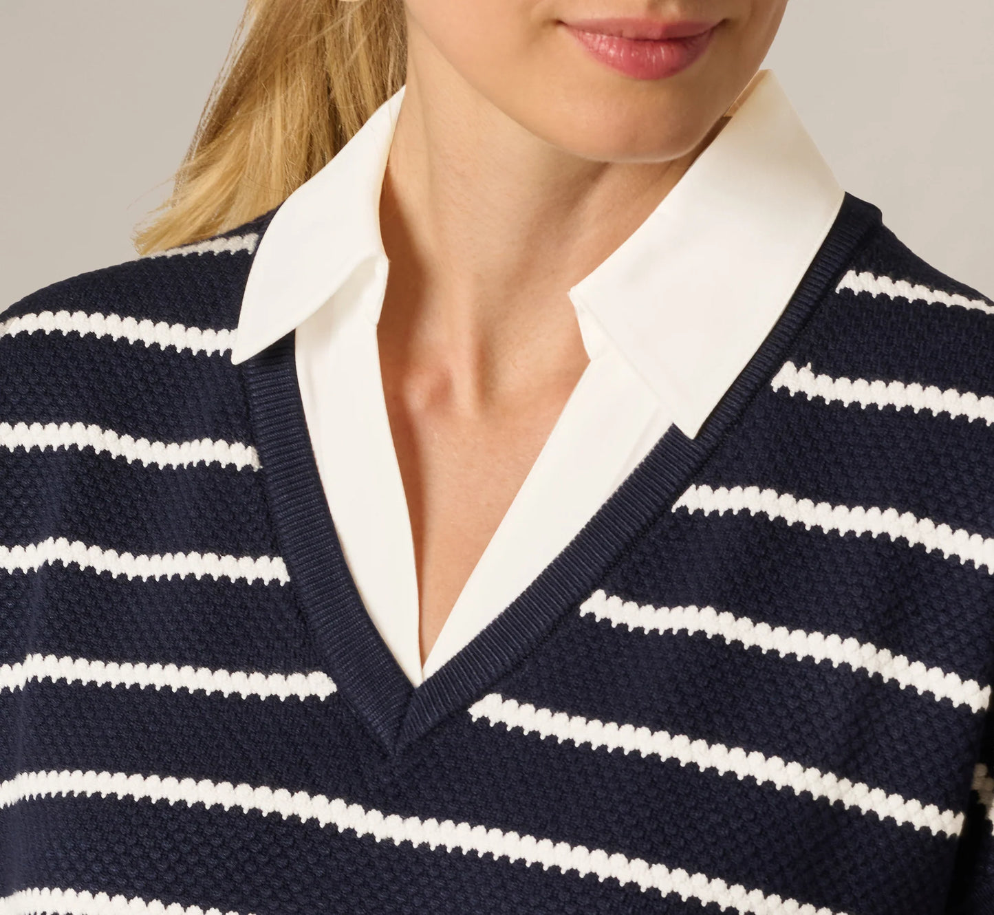 Short Sleeve Drop Shoulder Twofer Sweater In Navy Ivory W  Ivory