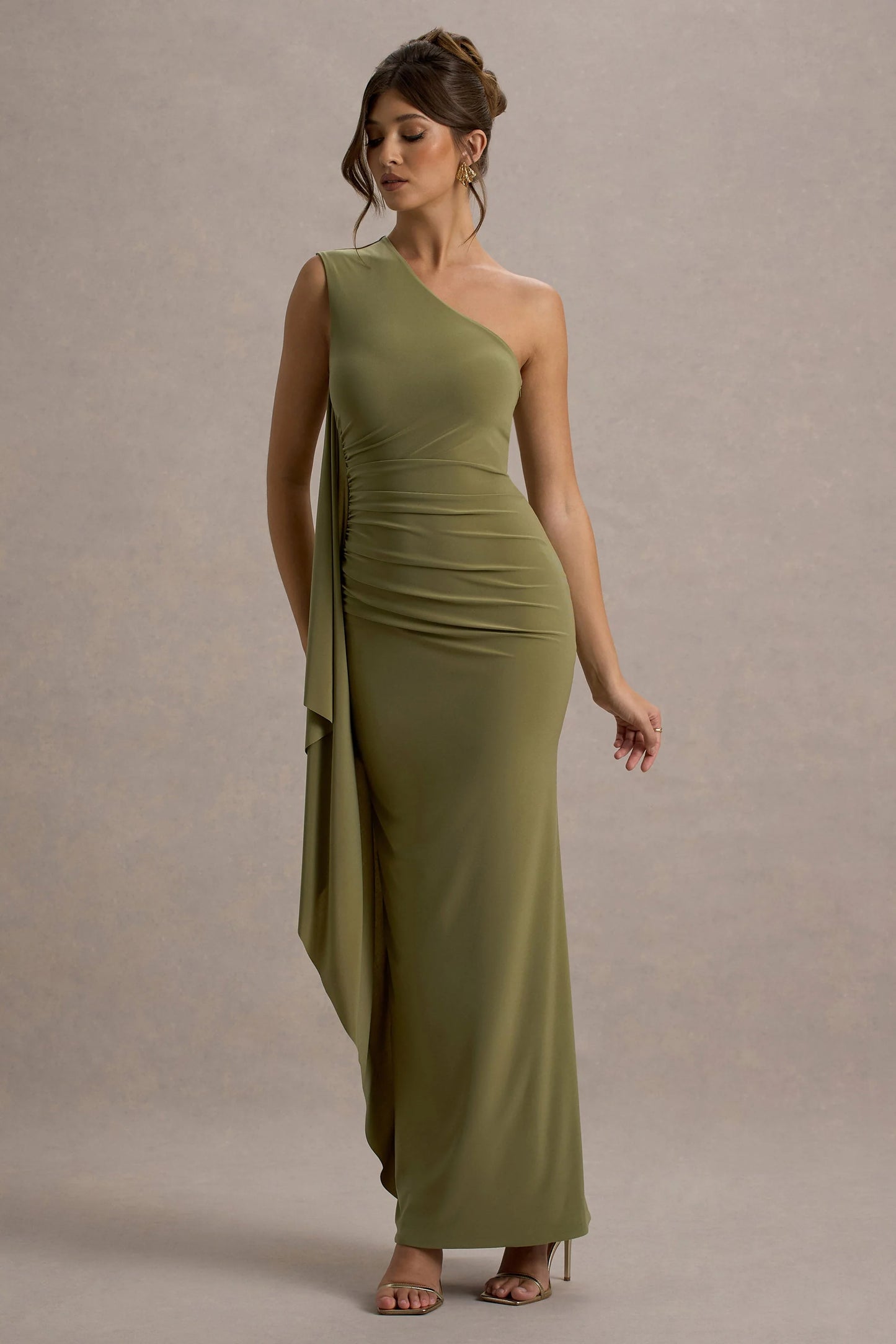 Adelina Olive One-Shoulder Maxi Dress With Drape