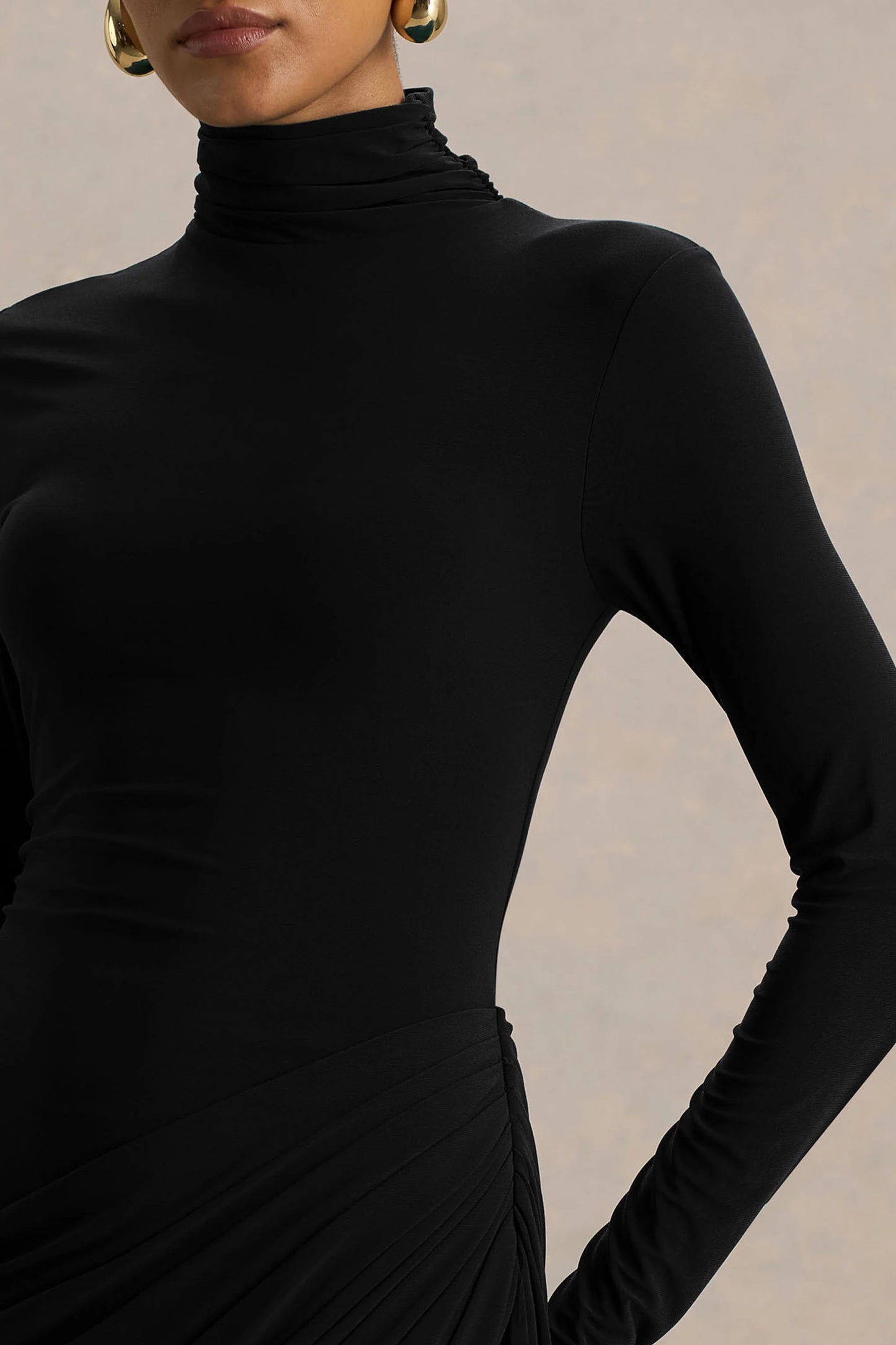 Betsy Black High-Neck Maxi Dress With Front Split And Ruched Detailing