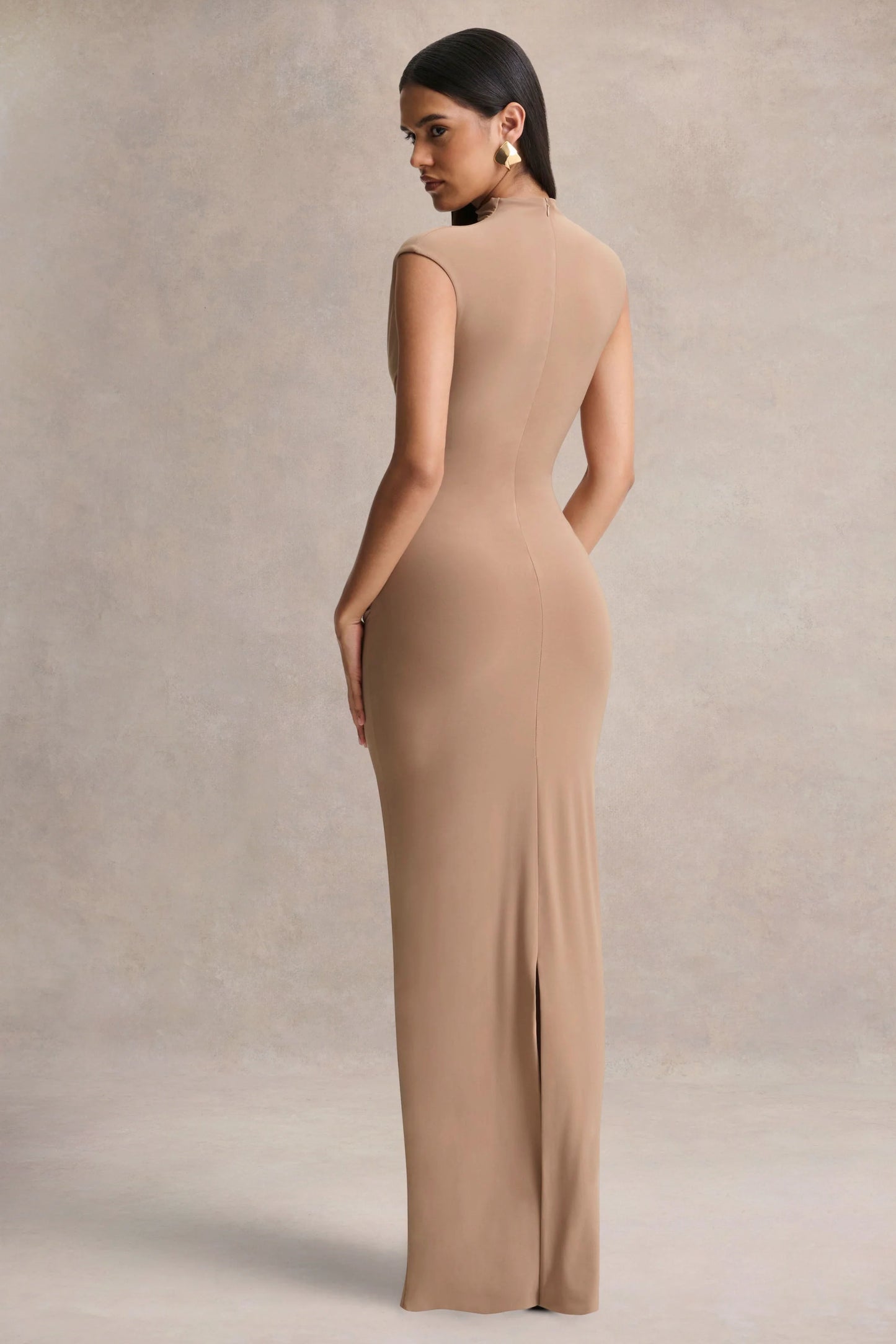 Solene Brown High-Neck Maxi Dress With Wrap And Drape Detail