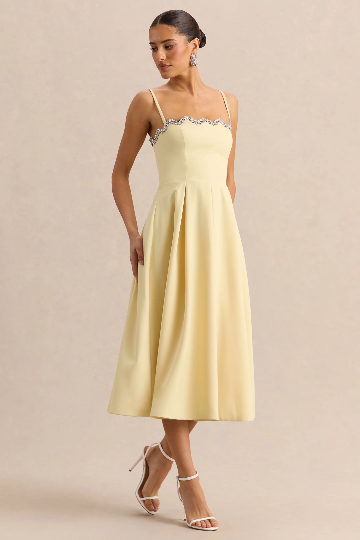 Evoria Lemon Scalloped Square-Neck Midi Dress