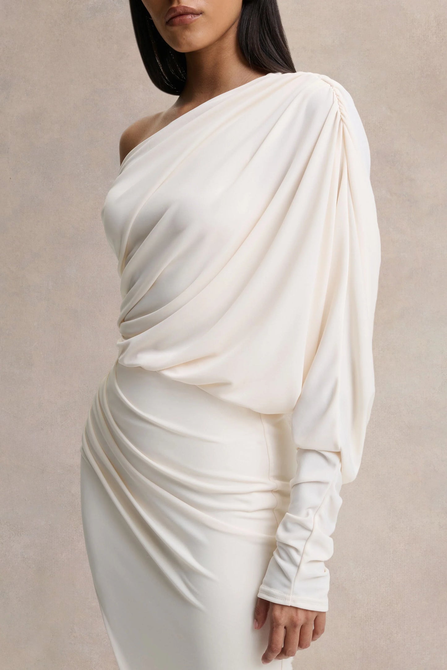 Olivia Cream Asymmetric-Neck Maxi Dress With Ruched Detailing Asymmetric-Hem