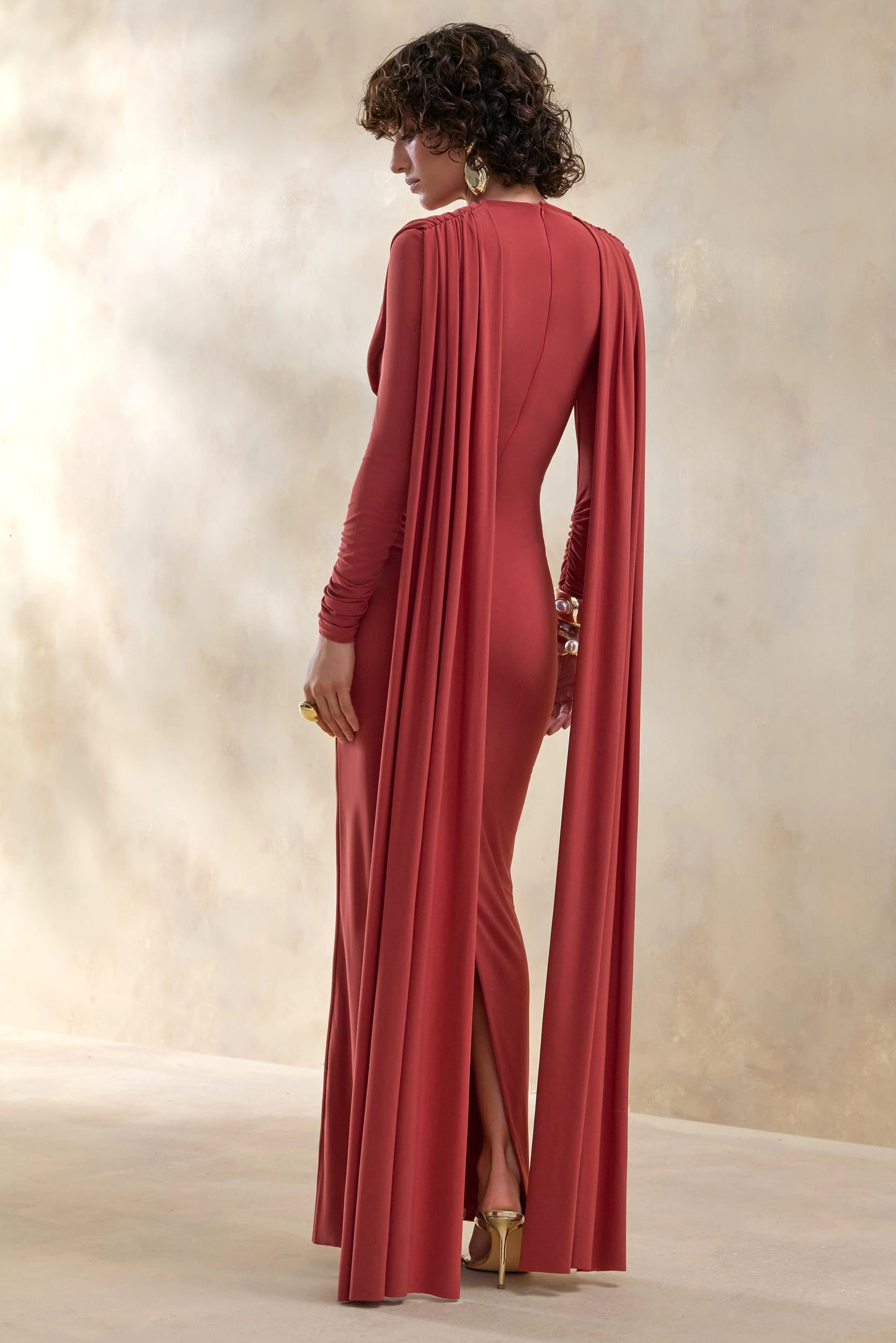 Lysoria Rust High-Neck Maxi Dress With Draped-Detailing And Cape-Sleeves