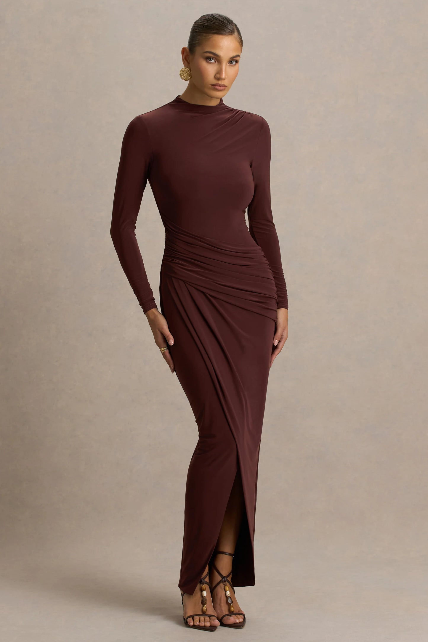 Zephyra Brown High-Neck Wrapped Maxi Dress