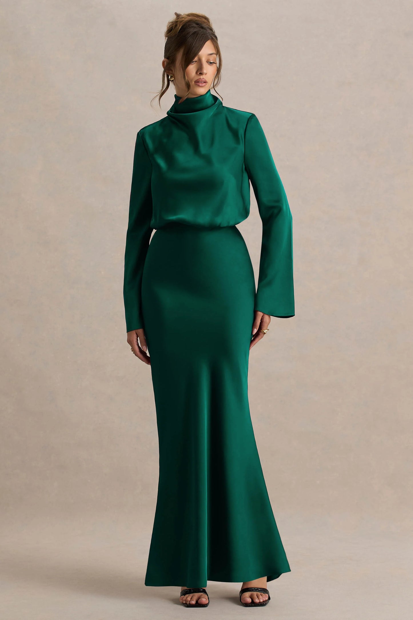Celina Bottle Green Satin High-Neck Maxi Dress
