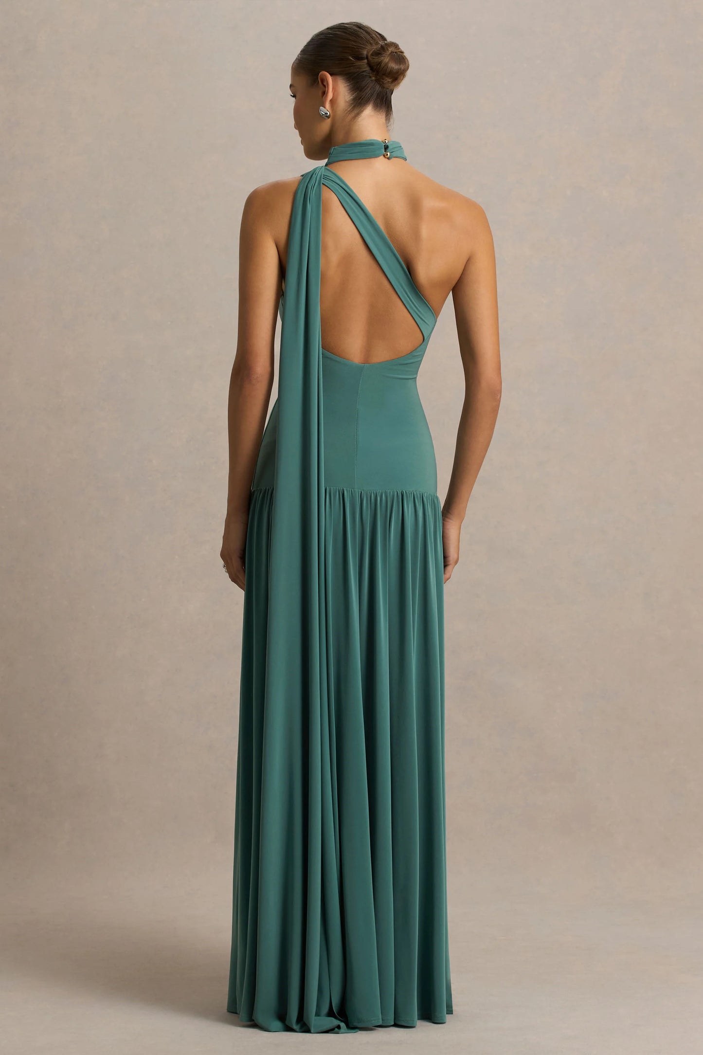 Freesia Teal Asymmetric-Neck Maxi Dress With Scarf-Detail