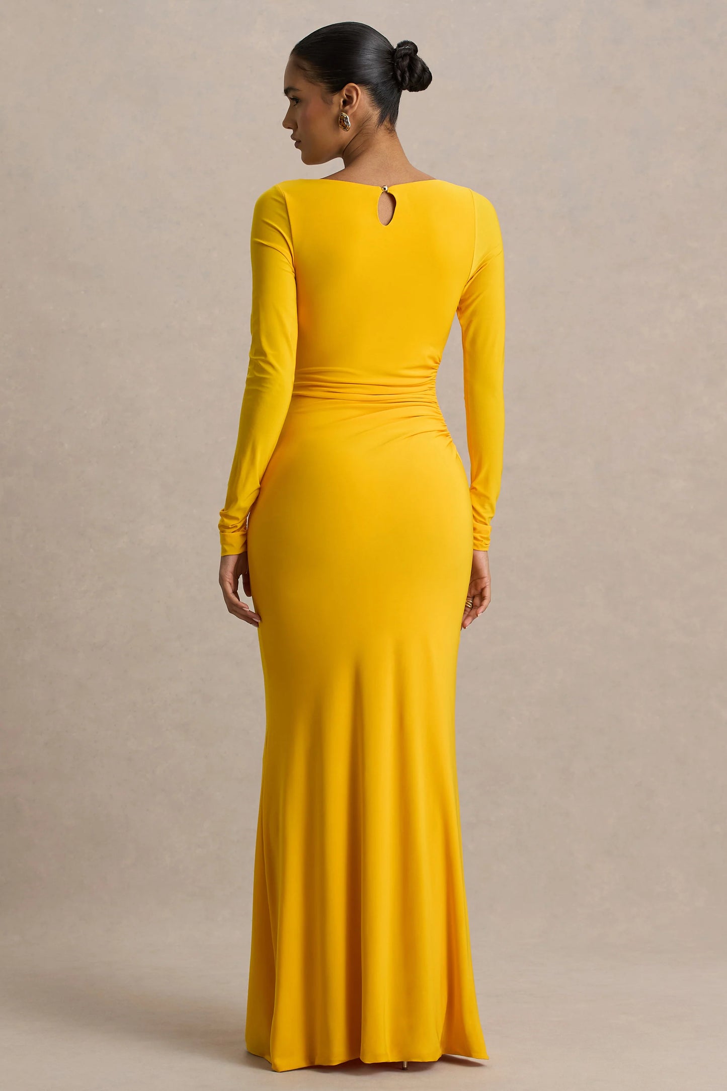 Diva Yellow Slashed-Neck Maxi Dress With Ruched Detailing