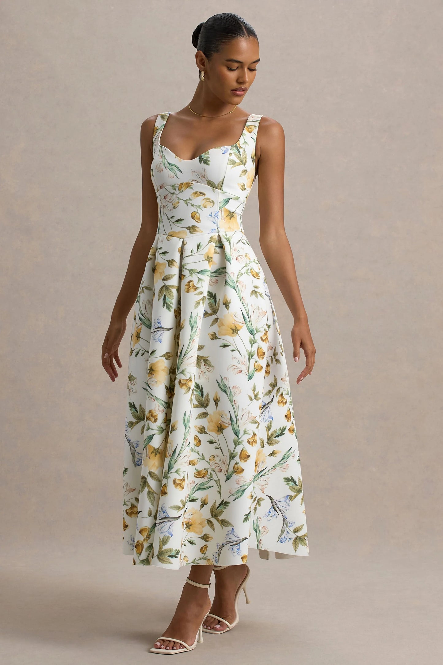 Rosemary Floral Print Sweetheart Midi Dress With Drop Waist