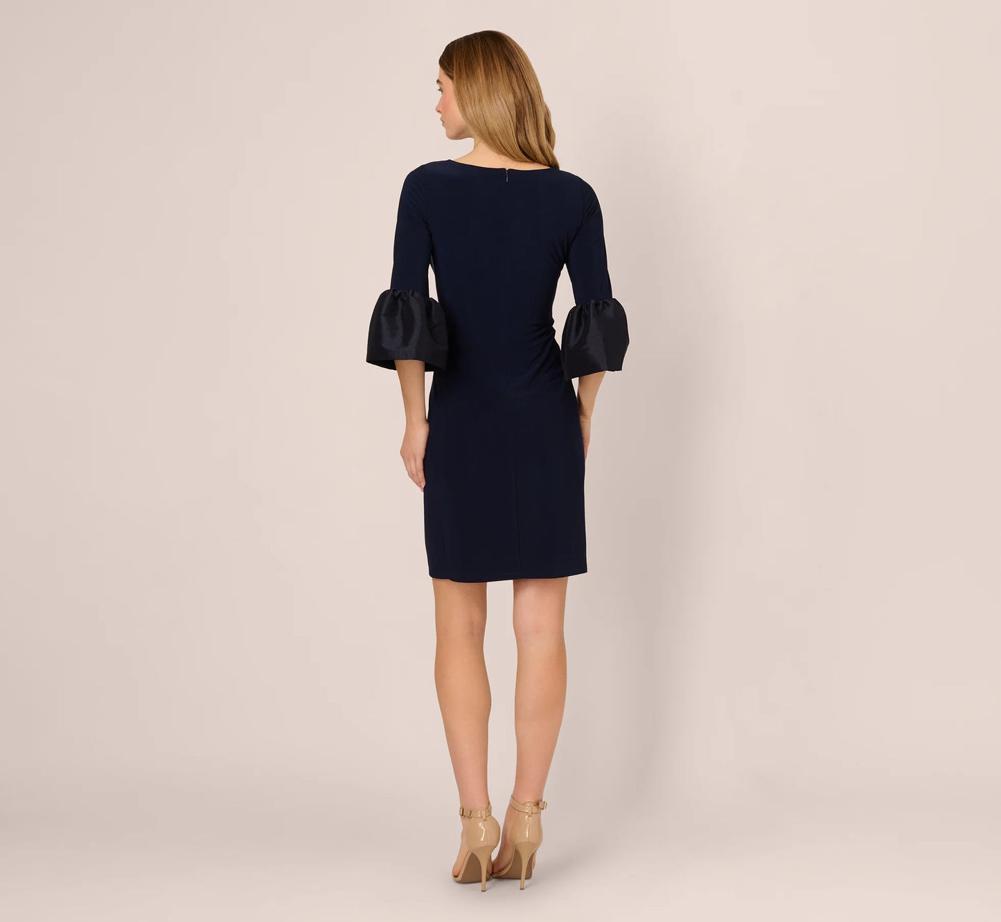 Draped Jersey Short Sheath Dress With Bell Cuffs In Midnight