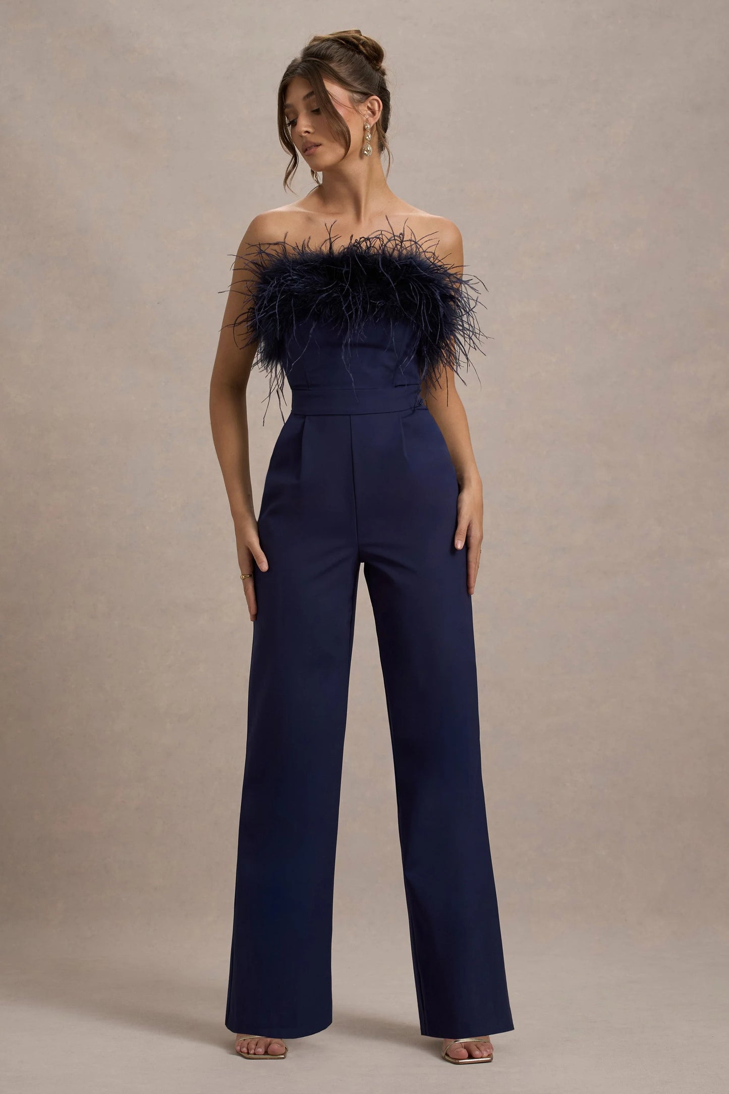 First Class Navy Bandeau Feather Wide Leg Jumpsuit