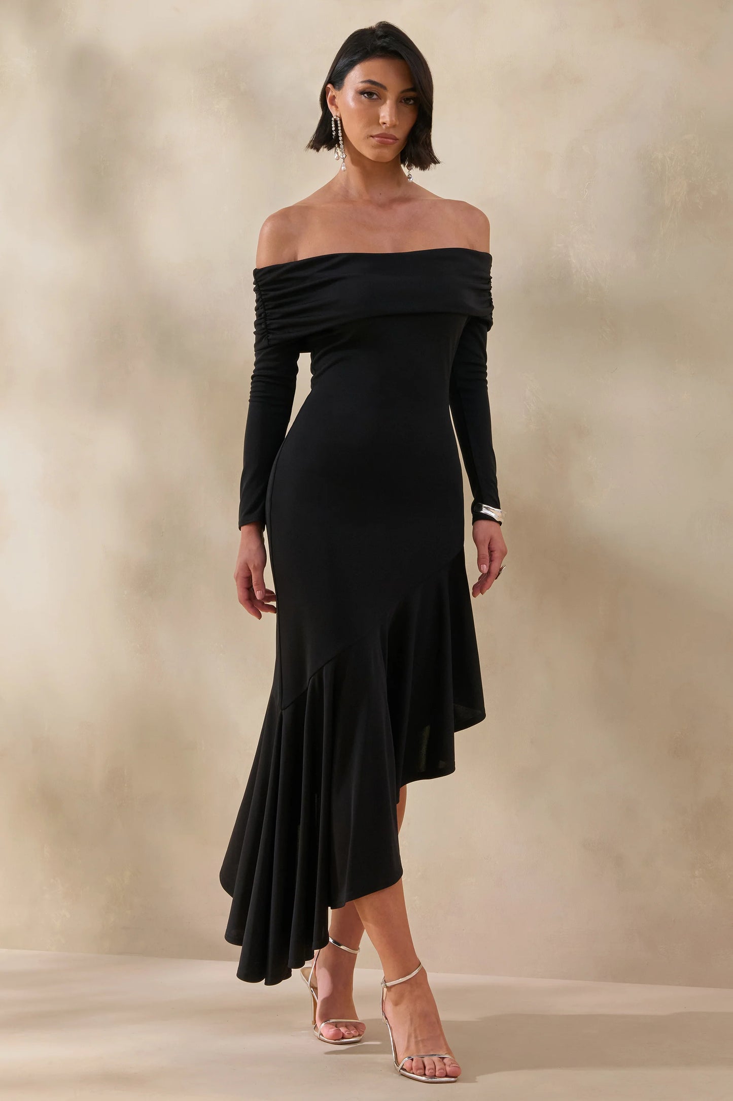 Goldara Black Bardot-Neck Maxi Dress With Ruffled Asymmetric-Hem