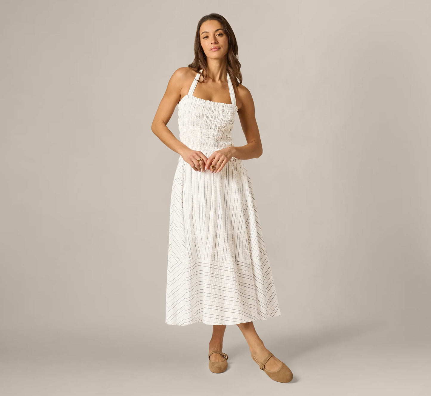 Smocked Seersucker Halter Midi Dress In Ivory Multi