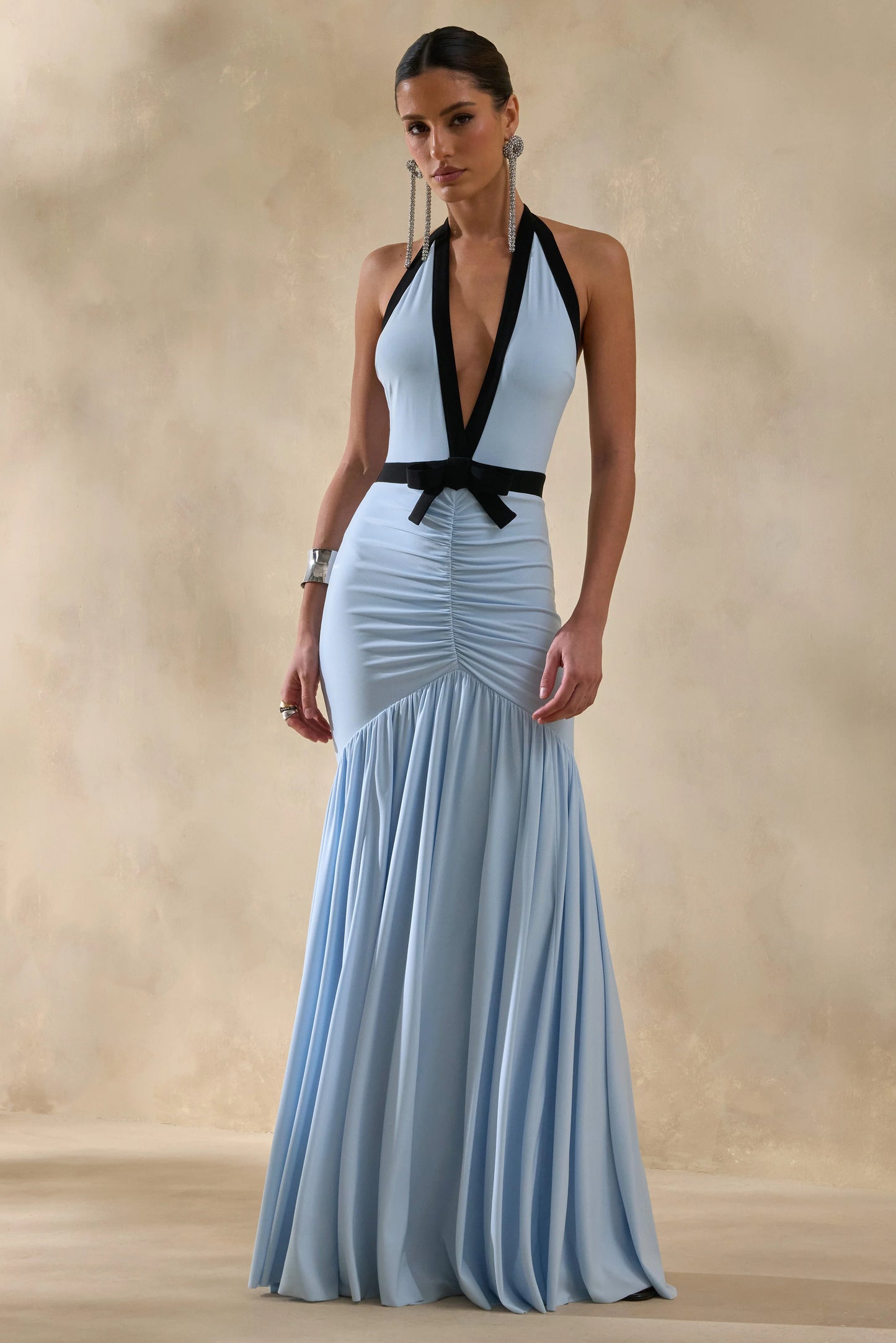 Cosmina Powder Blue Plunge-Neck Maxi Dress With Bow-Detail