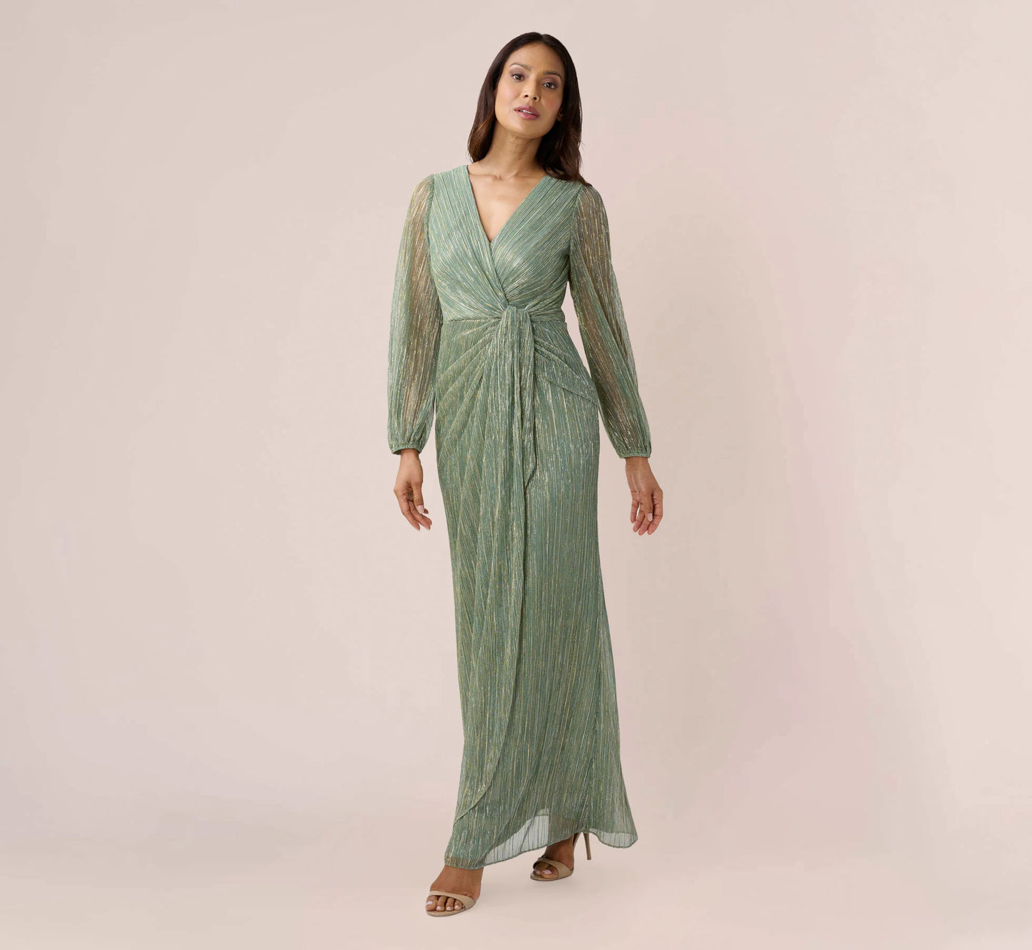 Metallic Crinkled Mesh Draped Long Gown In Green Slate