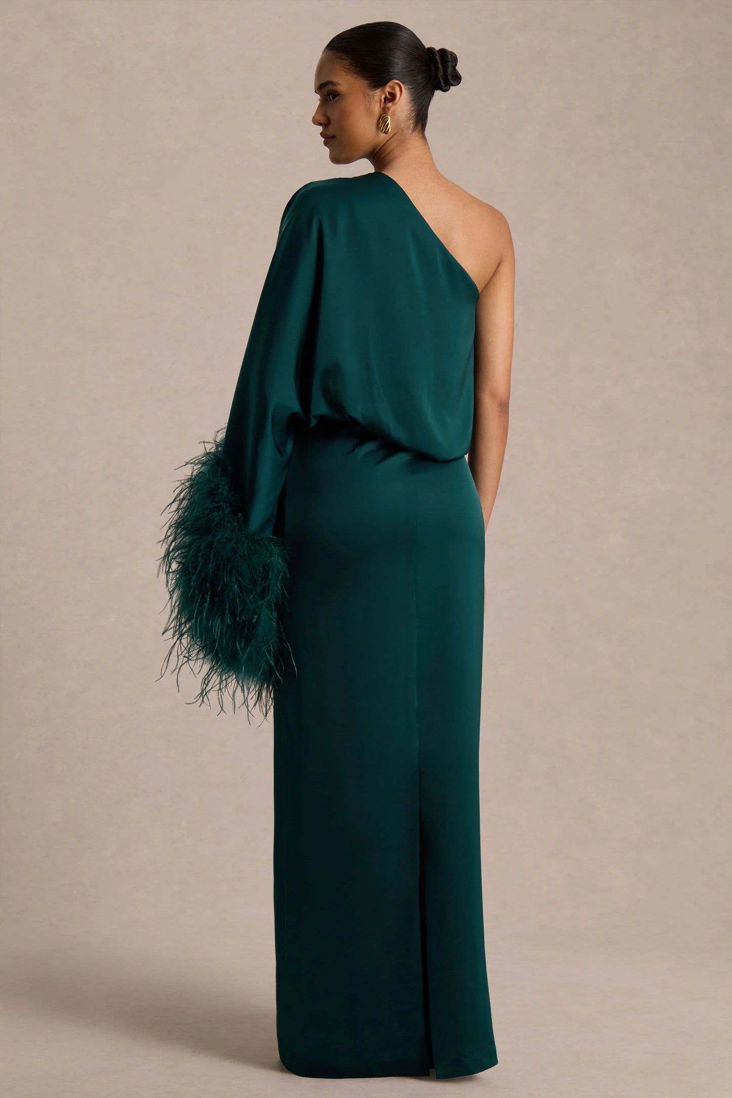 Felicity Teal Satin Asymmetric-Neck Maxi Dress With Feather Detailing