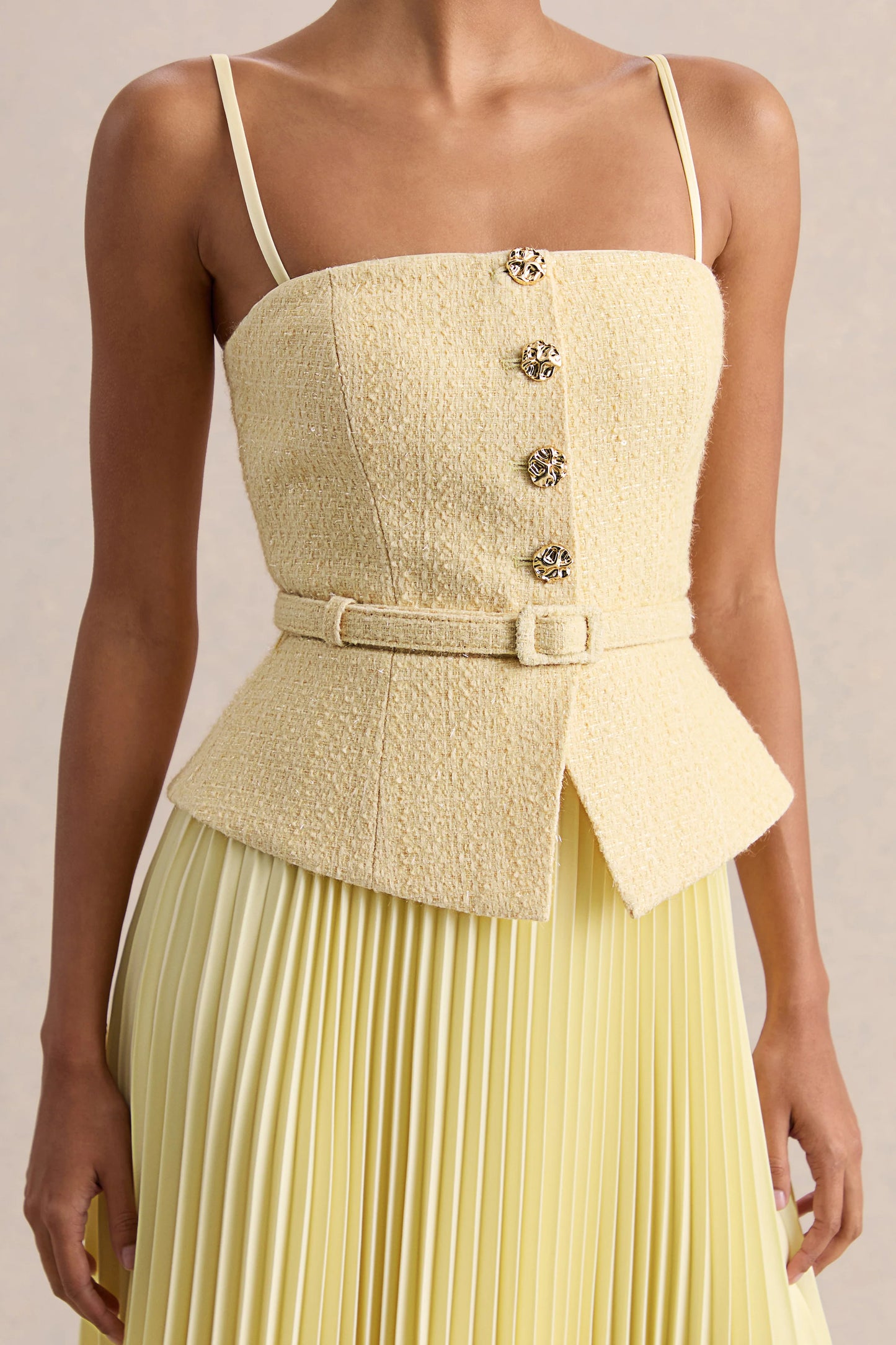 Lizzy Lemon Square-Neck Midi Dress With Pleated-Skirt