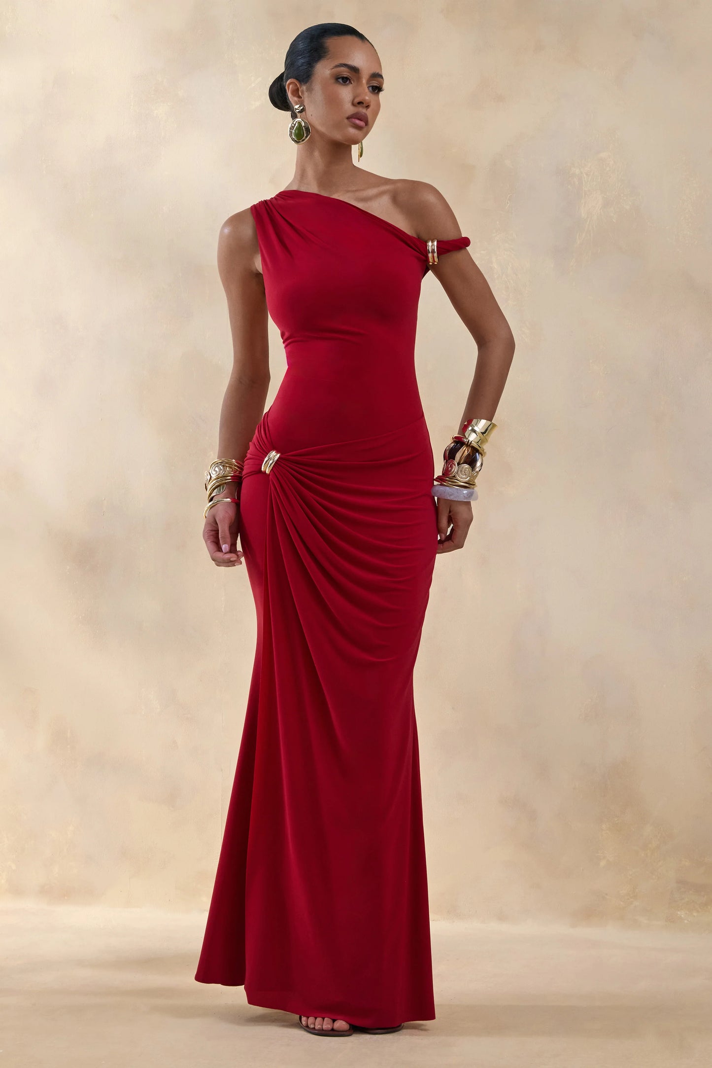 Caelia Red Asymmetric-Neck Maxi Dress With Gold-Detailing And Sash