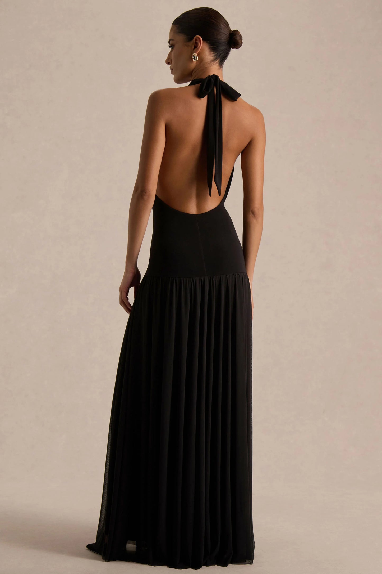 Verity Black Cowl-Neck Maxi Dress With Sheer-Skirt