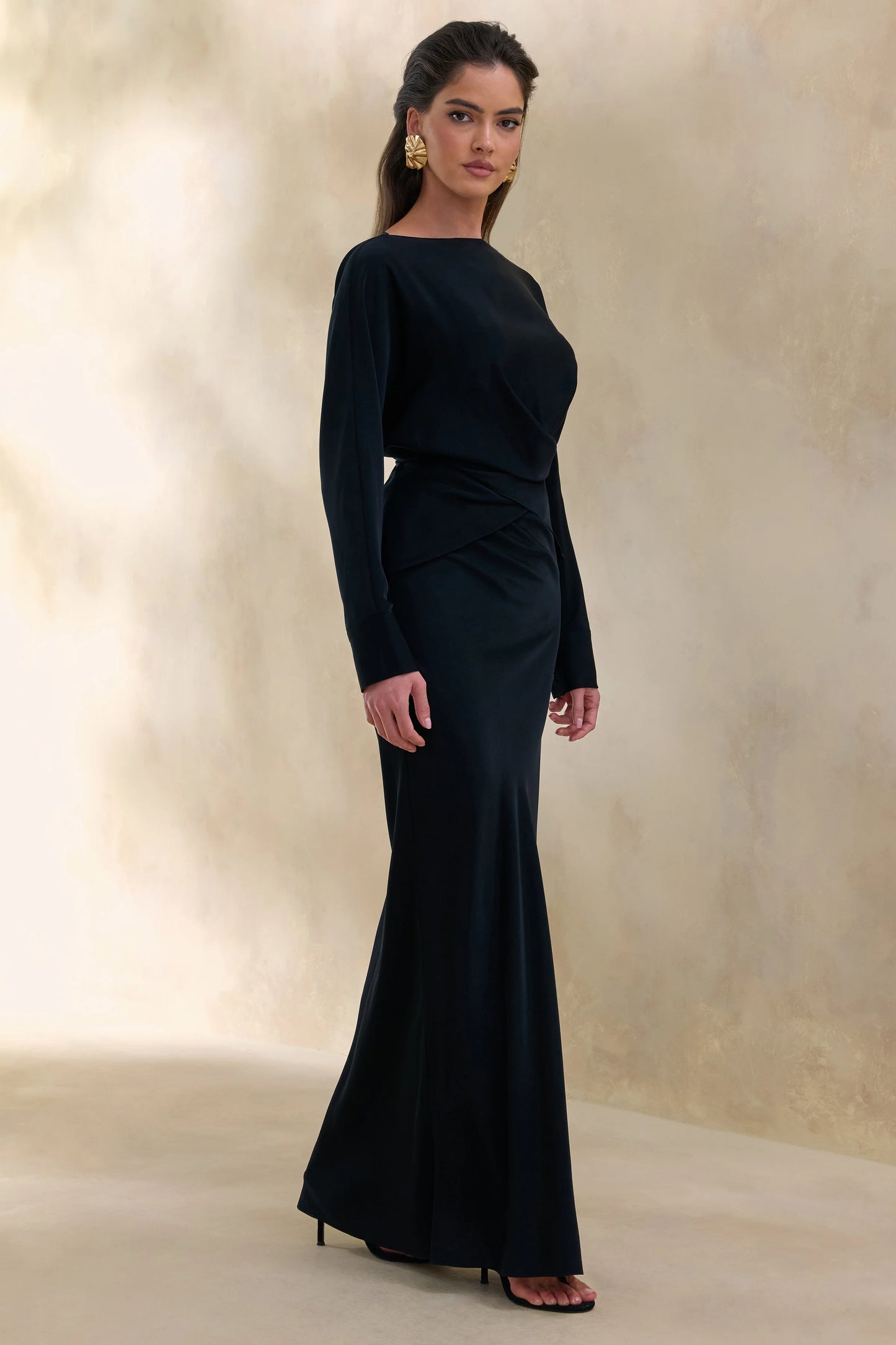 Elaria Black Satin Maxi-Skirt