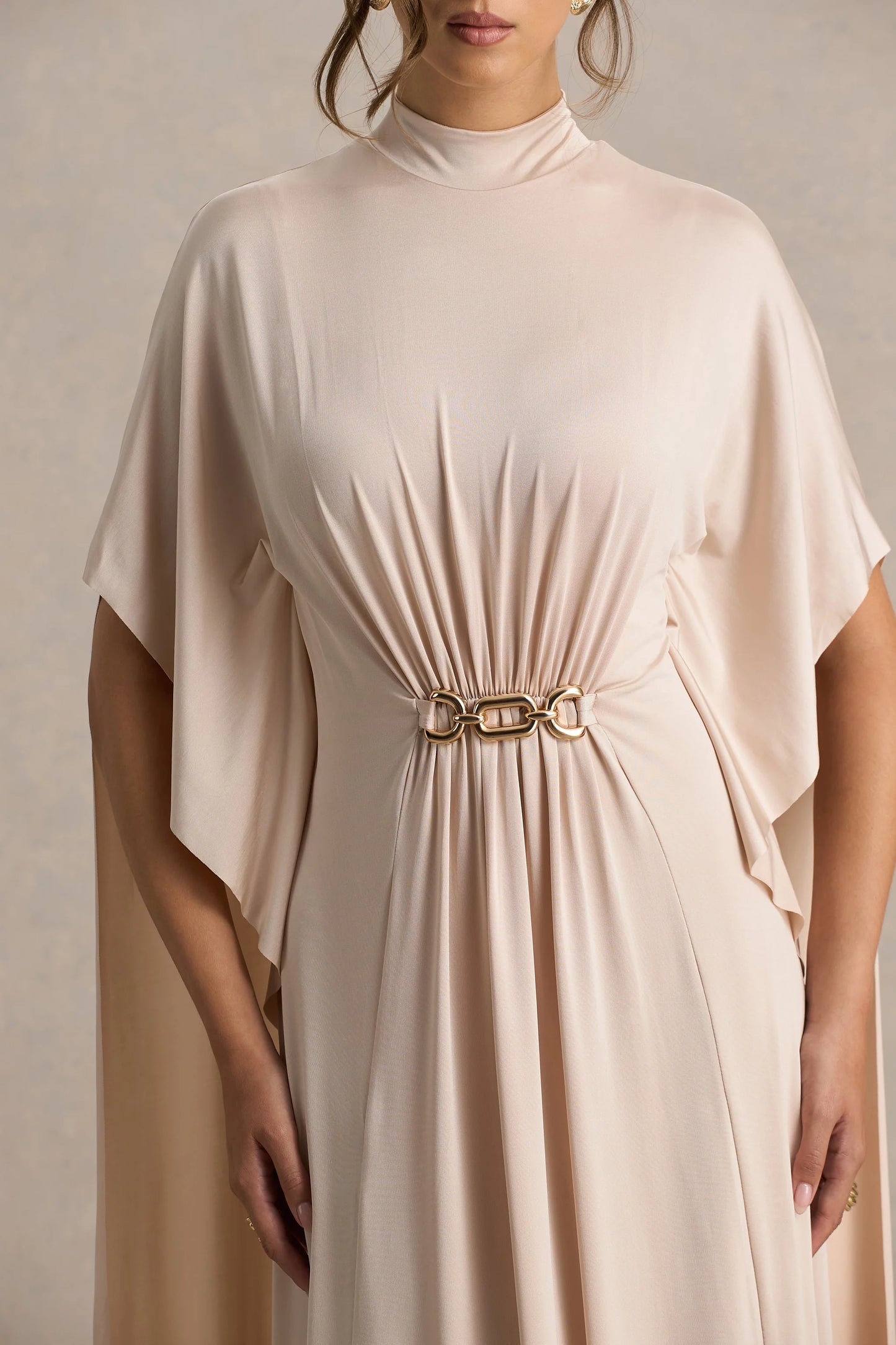 Olessia Champagne Belted Gathered Cape-Sleeve Maxi Dress